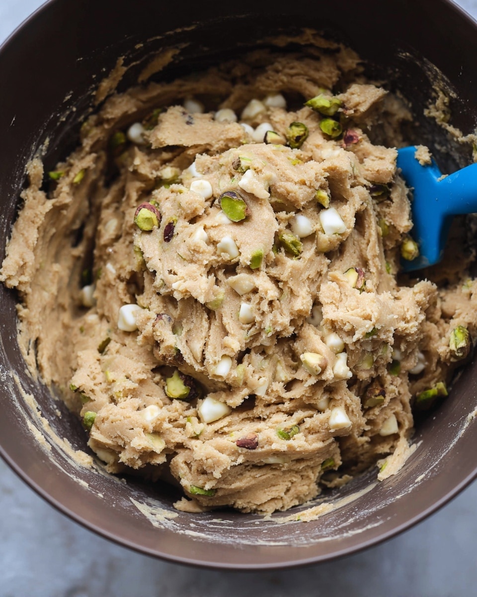 The image shows a close-up of thick cookie dough with a light brown color and rough texture mixed in a dark bowl. Scattered throughout the dough are small white chocolate chips and chopped green pistachio nuts, adding contrast and texture. A blue spatula is partly visible, stuck into the dough, blending the elements together. The background is a white marbled texture. photo taken with an iphone --ar 4:5 --v 7