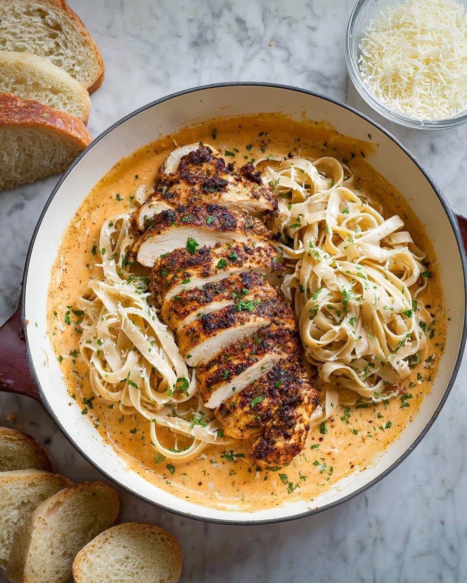 A white round pan holds a dish with two main layers: on the bottom is a creamy orange sauce that fills the base, on top are two piles of light beige fettuccine noodles with a smooth texture, sprinkled lightly with green herb bits and black pepper. Between the pasta piles is a sliced, grilled chicken arranged in a row, showing dark brown, slightly crispy edges and a white interior, also topped with scattered green herbs. Near the pan, on a white marbled surface, are two slices of light brown bread at the bottom left and a small glass bowl filled with white grated cheese at the top right, some cheese spilled slightly next to the bowl. photo taken with an iphone --ar 4:5 --v 7