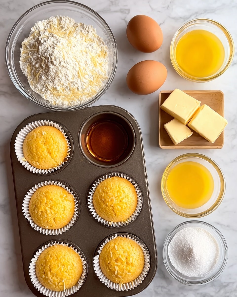 The image shows six small yellow corn muffins in a dark gray muffin tray sitting on a wooden board. On the top right side of the tray, two muffin cups are filled with a golden liquid. Above the tray, on a white marbled surface, there are two brown eggs, two small cubes of pale yellow butter stacked together, a small glass bowl of white powder, a small glass bowl of bright yellow melted butter, and a large glass bowl filled with white flour. The scene is well lit with soft natural light. Photo taken with an iphone --ar 4:5 --v 7
