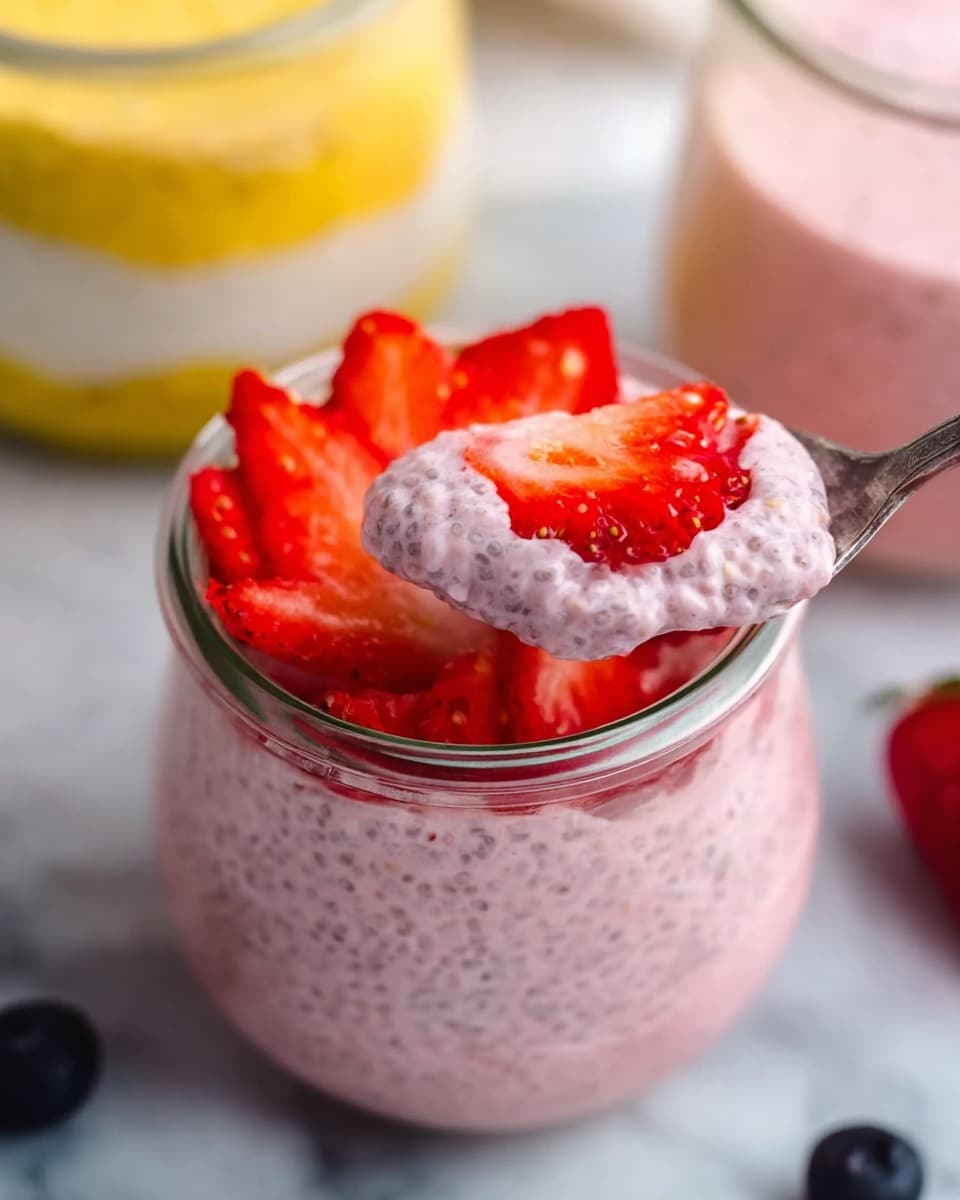 The image shows a close-up of a small clear glass jar filled with a pink chia pudding that has a light, creamy texture mixed with tiny chia seeds. On top, there is a layer of bright red fresh strawberry slices arranged around the edges, with a spoon scooping some pudding and strawberries from the center. The jar sits on a white marbled surface, with a single dark blueberry near the base of the jar and another jar with a yellow and white layered chia pudding in the blurred background. Photo taken with an iphone --ar 4:5 --v 7