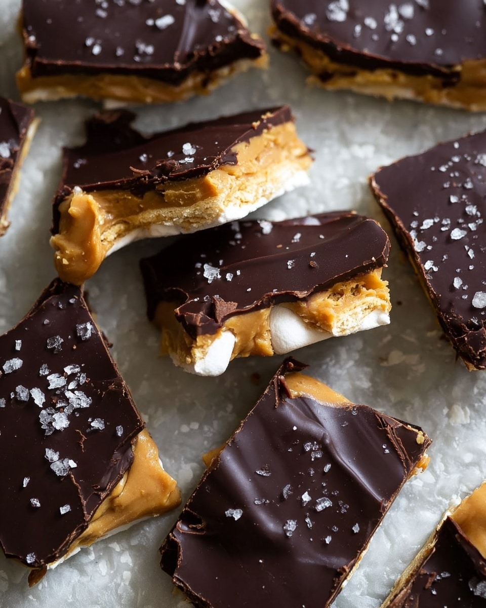 The image shows several pieces of a layered treat broken into uneven square and irregular shapes, arranged on a textured surface with a white marble look. Each piece has three layers: a bottom layer of golden, crispy brittle, a middle layer of light tan peanut butter, and a top layer of smooth, dark chocolate sprinkled with coarse sea salt. Some pieces reveal a small dollop of white marshmallow peeking out from the peanut butter layer. The dark chocolate top has a shiny, slightly wavy texture with small salt crystals scattered across it. Photo taken with an iphone --ar 4:5 --v 7