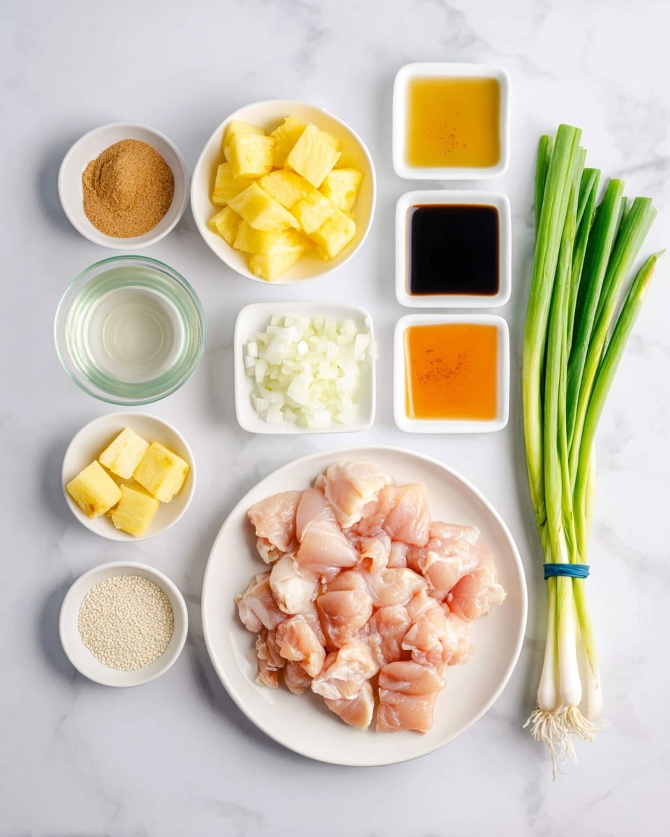 This image shows an overhead view of ingredients arranged neatly on a white marbled surface. In the center, there is a white plate with raw cut chicken pieces, light pink in color. Surrounding this plate are small white bowls and dishes holding chopped white onion, cubed bright yellow pineapple, and light brown brown sugar. There is also a small glass bowl with clear liquid, and three square white dishes with light golden, dark brown, and bright orange liquids or sauces. A small white dish holds white sesame seeds, and on the right side of the image, a bunch of fresh green onions tied with a blue rubber band lies diagonally. Photo taken with an iphone --ar 4:5 --v 7