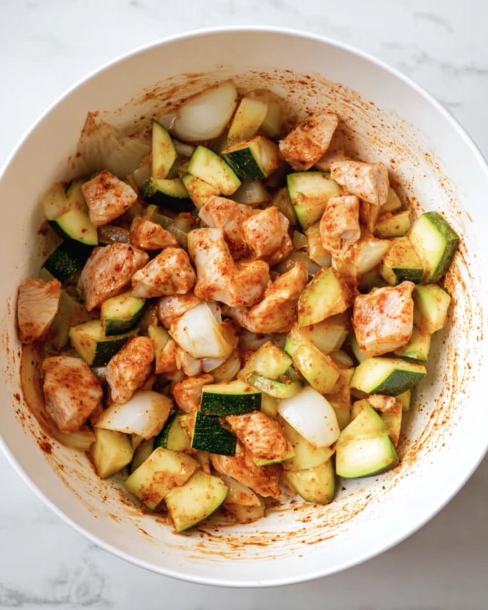 The image shows a large white bowl filled with a mix of raw, chunky pale pink chicken pieces and chopped vegetables, including light green zucchini with dark green skin, and white potato pieces. The ingredients are coated in a reddish-brown seasoning, giving a slightly messy look with some seasoning smeared on the inside of the bowl. The bowl is placed on a white marbled surface. photo taken with an iphone --ar 4:5 --v 7