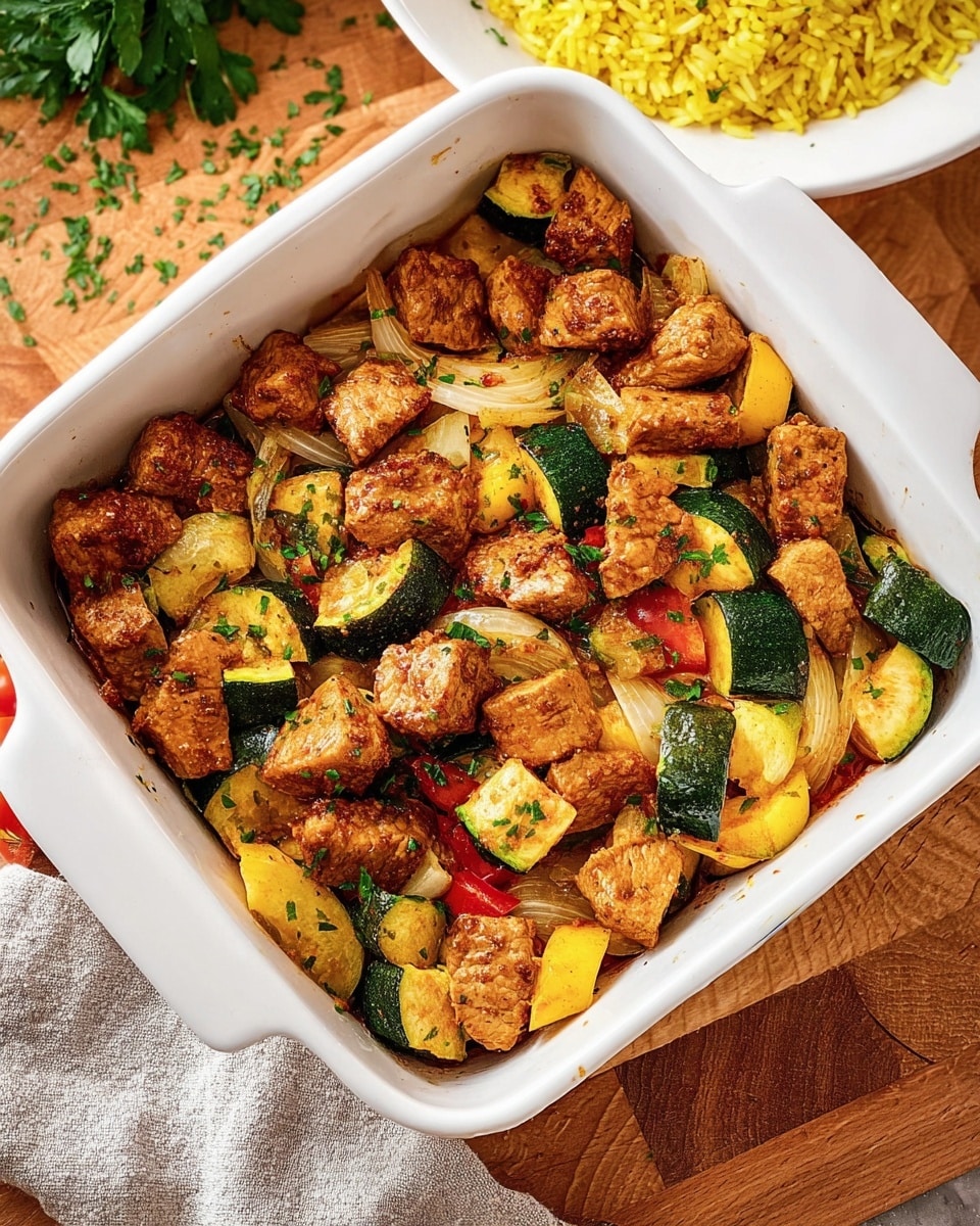 A white square baking dish filled with a colorful mix of cooked vegetables and meat cubes. The dish has about three layers visible: large, roughly cut pieces of golden brown meat with a slightly crispy texture; small chunks of zucchini with dark green skin and pale green inside; yellow squash pieces with golden edges; and soft, translucent onions cut into medium pieces. The dish is garnished lightly with chopped green herbs scattered on top. The dish is placed on a wooden board with some parsley in the top left corner and a white plate with yellow rice visible in the background. Photo taken with an iphone --ar 4:5 --v 7