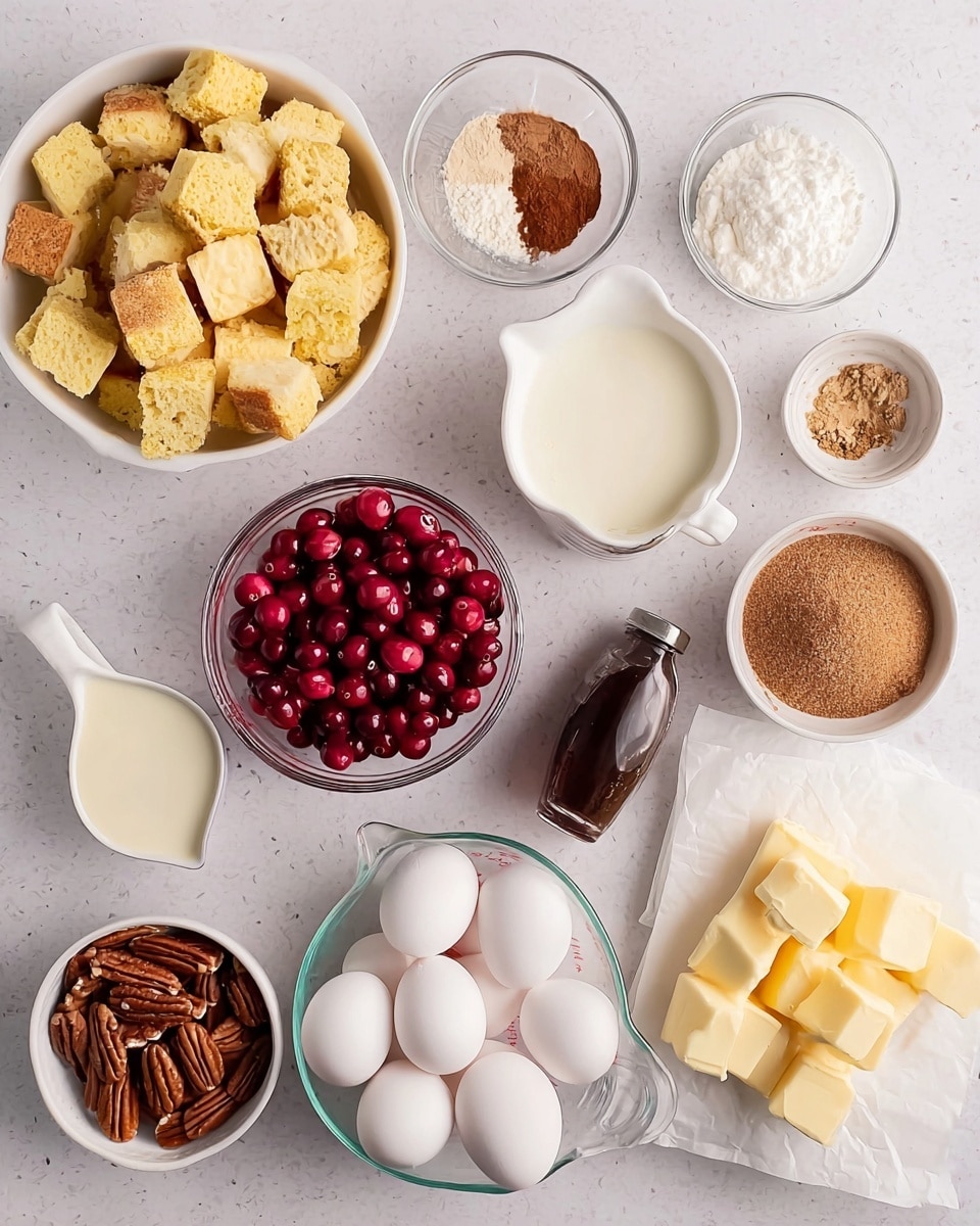 A top view of baking ingredients arranged on a white marbled surface, including a large white bowl filled with yellow bread cubes on the upper left, a clear measuring cup containing bright red cranberries below it, and a small white dish with two spices (brown and light brown) above the cup; to the right are a white measuring cup with cream, four white eggs in a white bowl shaped like a cat paw, a dark brown small bottle, a bowl of chopped pecans, a small glass bowl with cinnamon, a bowl of light brown sugar, a small white dish with a white granulated ingredient, a small bowl of brown sugar, and a pile of cubed butter on white paper at the bottom right. photo taken with an iphone --ar 4:5 --v 7