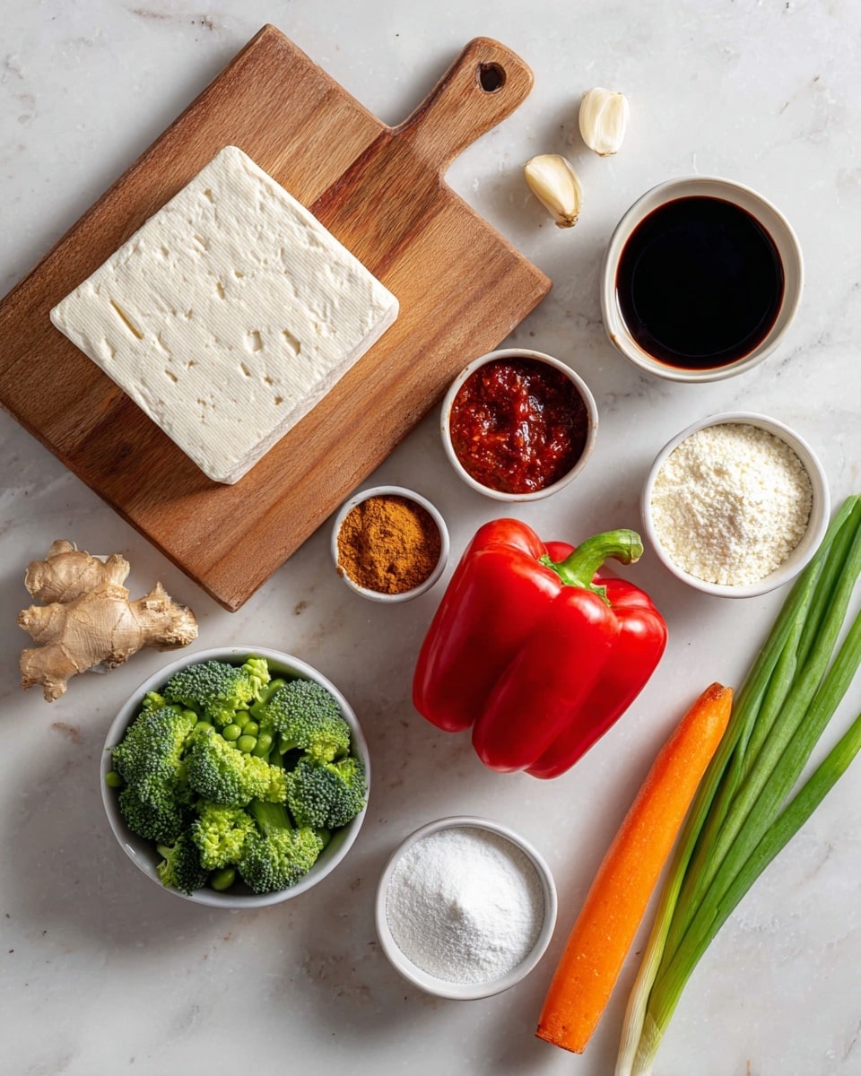 The image shows a white marbled surface with a wooden board on the top left holding a large square block of tofu with small round impressions on its surface. Around it, there are several small white bowls: dark soy sauce at the top right, white powdery cornstarch below it, brown sugar beneath that, and chunky red chili paste next to the cornstarch bowl. There is a ginger root and two garlic cloves near the soy sauce bowl. Fresh vegetables are also on the surface, including a bright red bell pepper in the center, a small bowl of green broccoli florets on the bottom left, a small bowl of snow peas below the broccoli, one long orange carrot on the right, and two green onions beside the carrot. All items are placed neatly with clear separation on the white marbled background photo taken with an iphone --ar 4:5 --v 7
