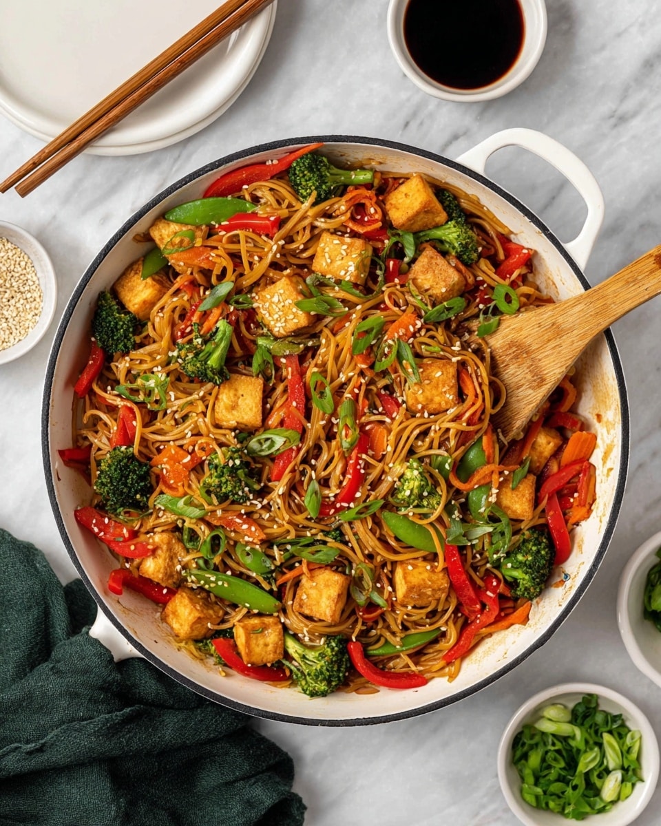 A white skillet filled with stir-fried thin noodles mixed with bright green broccoli florets, light brown crispy tofu cubes, sliced orange carrots, vibrant red bell pepper strips, and green snap peas scattered throughout. The noodles have a shiny glaze, and the dish is sprinkled with white sesame seeds and chopped green onions. A wooden spatula rests inside the skillet, partially covered by the noodles and vegetables. The skillet sits on a white marbled surface, surrounded by small white bowls holding chopped green onions, sesame seeds, and dark soy sauce. A white plate with wooden chopsticks rests in the top left corner with a dark green cloth nearby. Photo taken with an iphone --ar 4:5 --v 7