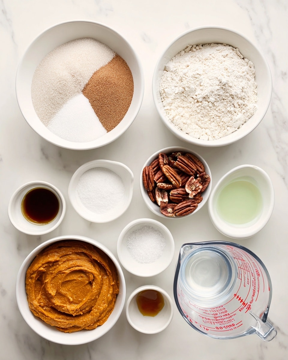 The image shows a neat arrangement of baking ingredients on a white marbled surface, featuring seven white bowls and one clear measuring cup. The largest bowl has a mix of white and light brown sugar split evenly, creating a two-tone effect. Nearby, there is a bowl filled with flour, a bowl of creamy orange pumpkin puree with a smooth texture, and another bowl holding pecan halves with a rich dark brown color. Smaller bowls are filled with white powder (likely baking powder or salt), dark amber liquid (possibly vanilla extract), light green liquid (perhaps oil), and white liquid (maybe milk). The clear measuring cup contains water and has red measurement markings. The overall setup is clean and brightly lit, highlighting the colors and textures of each ingredient. photo taken with an iphone --ar 4:5 --v 7