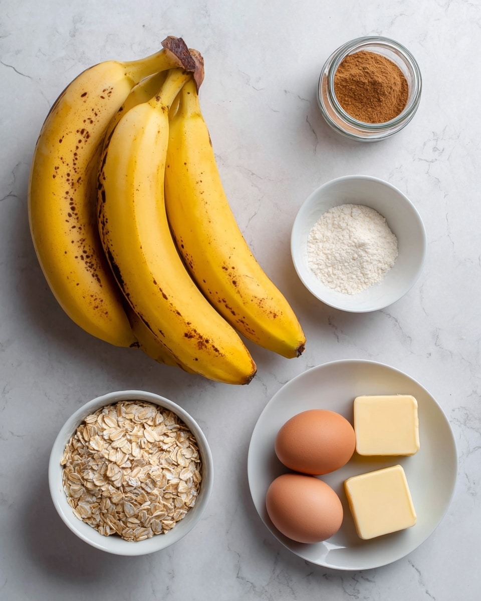 Four ripe yellow bananas with some brown spots are placed together on a white marbled surface. To the right, there are three small white bowls: one holds light brown cinnamon powder in a glass jar, one has dry oats, one contains two brown eggs, another has two small blocks of pale yellow butter, and there is a small white bowl with white flour mixed with pink salt. The items are arranged simply and clearly. Photo taken with an iphone --ar 4:5 --v 7