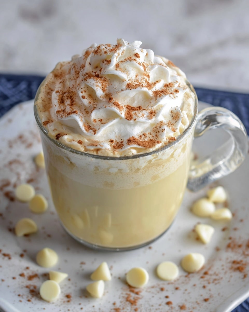 A clear glass mug holds a creamy pale yellow drink topped with a thick, swirled layer of white whipped cream sprinkled with light brown cinnamon powder. The mug sits on a white plate decorated with white chocolate chips scattered around its edge. The background features a white marbled texture that adds a clean, soft look to the scene. Photo taken with an iphone --ar 4:5 --v 7