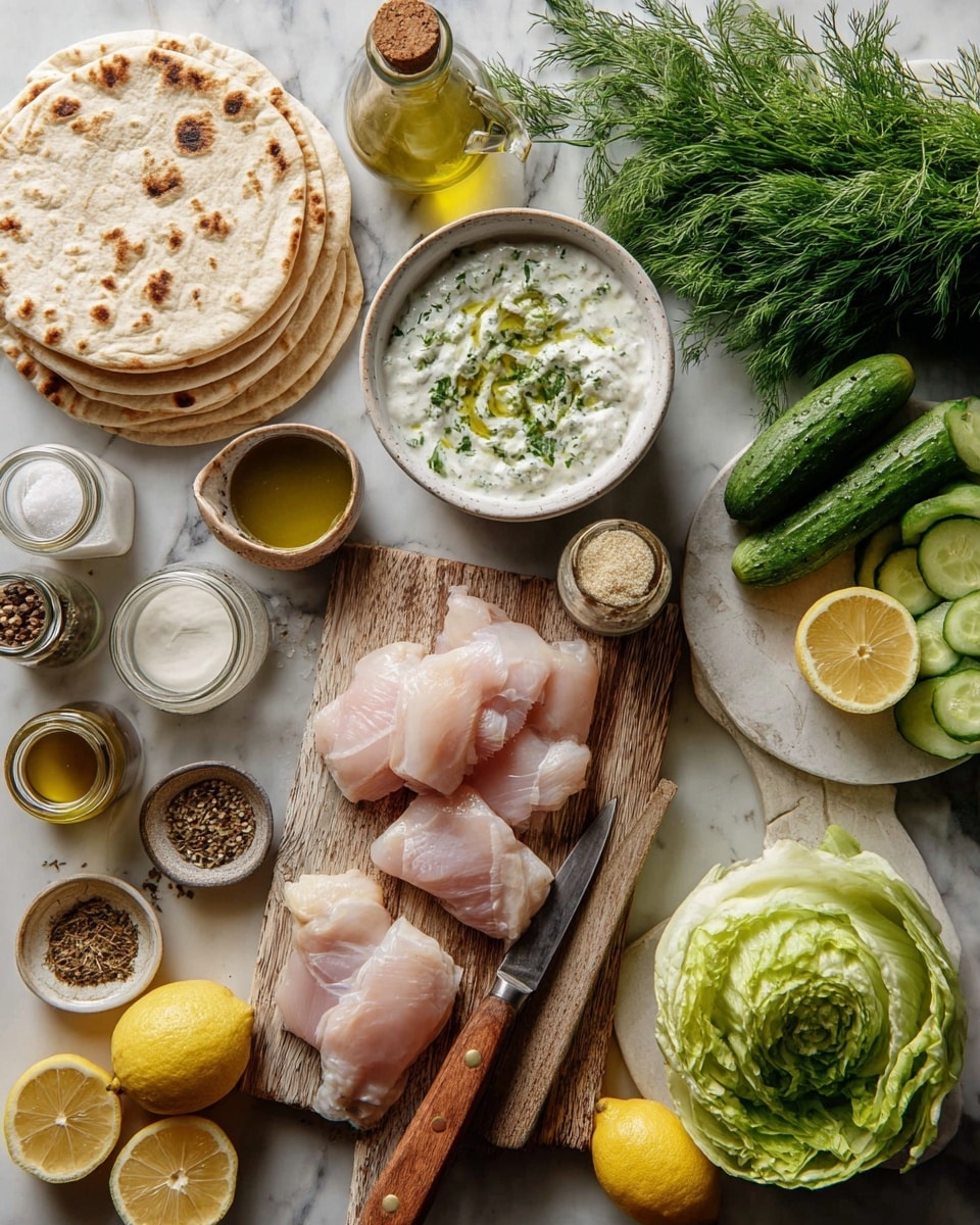 The image shows fresh raw chicken pieces placed on a wooden cutting board next to a small knife with a wooden handle. Around it, there are several small bowls and jars containing various spices, oil, and salt. To the left, a stack of white flatbreads is visible, while a white bowl filled with white sauce garnished with green herbs sits nearby. On the right side, there is a bunch of fresh green dill, half a head of iceberg lettuce, and a white bowl filled with sliced cucumbers along with whole cucumbers. Lemon halves and whole lemons are also scattered across the white marbled surface, creating a fresh and colorful cooking scene. Photo taken with an iphone --ar 4:5 --v 7