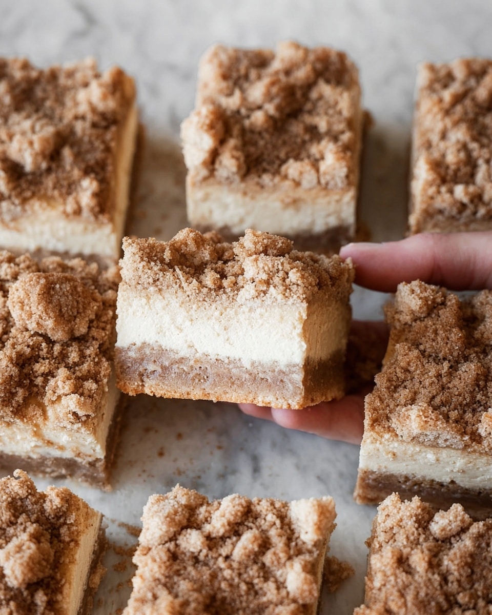 The image shows several square pieces of layered dessert arranged closely on a white marbled surface. Each piece has three distinct layers: a bottom layer that is light brown and smooth, a middle layer that is thick and cream-colored with a soft texture, and a top layer covered with crumbly clusters of brown sugar and cinnamon. The crumb topping is uneven and coarse, giving a textured look. Some pieces have clean edges, while one piece shows a woman's hand holding it from the side, revealing the distinct layers clearly. Photo taken with an iphone --ar 4:5 --v 7