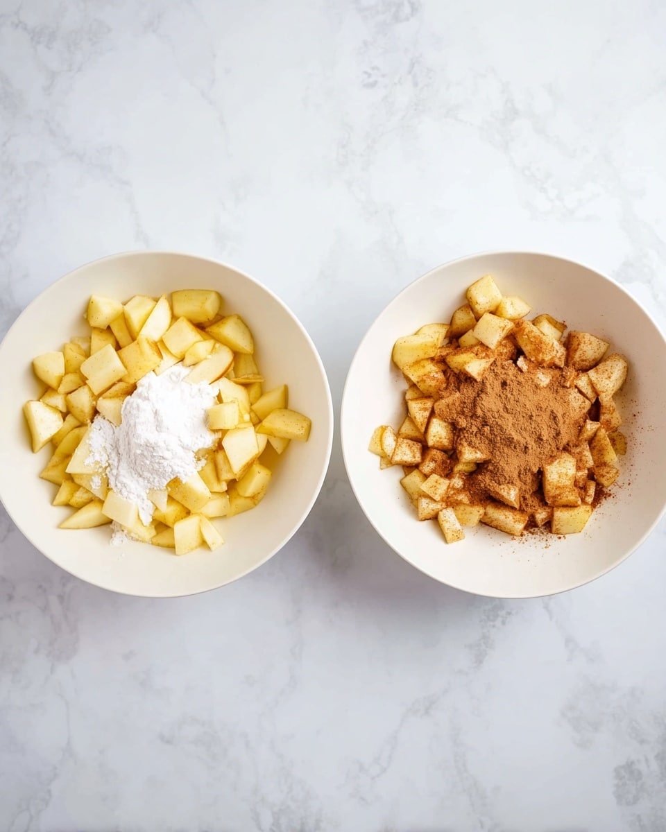 The image shows two white bowls on a white marbled surface. The left bowl contains chopped yellow apples, white sugar and cornstarch in the center, and a sprinkling of brown cinnamon mostly on the right side of the bowl. The right bowl shows the same chopped apples mixed well with the sugar, cinnamon, and cornstarch, giving the apple pieces a light brown, powdery coating and a soft texture. photo taken with an iphone --ar 4:5 --v 7