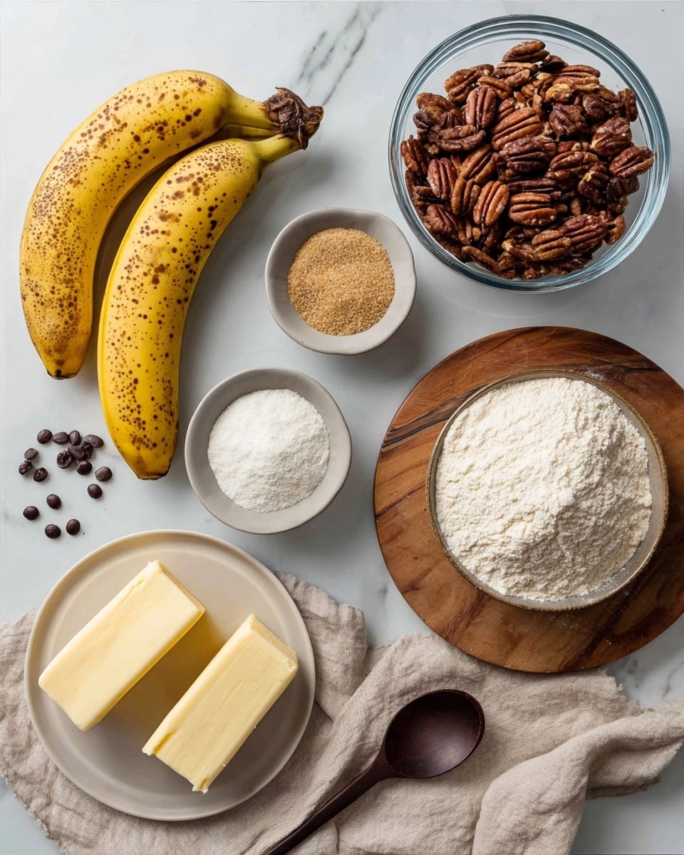 The image shows two yellow bananas with brown spots on a white marbled surface near a few scattered dark brown coffee beans. To the right, there is a glass bowl filled with dark brown pecans placed on a wooden board. Below this, there is a smaller glass bowl containing a white powdery ingredient. In the middle, a light gray bowl holds white flour piled in a small mound. On the left side, a small round white plate holds three thick sticks of yellow butter. At the bottom, a small beige bowl contains some brown granules. Below this, a beige cloth is spread with a dark wooden spoon resting on it. Photo taken with an iphone --ar 4:5 --v 7