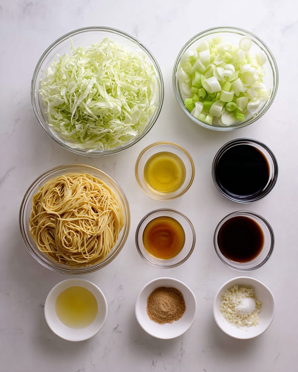 The image shows an arrangement of clear glass bowls on a white marbled surface, each containing different ingredients for a recipe. Starting from the top left, there is a bowl with shredded light green cabbage, below it a bowl with tightly packed raw yellow noodles, and next to the noodles a bowl with chopped pale green celery. Above the celery is a bowl with sliced white onions. On the right side of the image, five small bowls are lined up vertically, filled with various liquids and powders: the top bowl has a light yellow liquid, below it a brown sauce, then a darker liquid resembling soy sauce, followed by a small amount of white powder, and finally some minced garlic at the bottom. The overall look is clean and organized, with soft natural light highlighting the textures and colors of the fresh ingredients. photo taken with an iphone --ar 4:5 --v 7