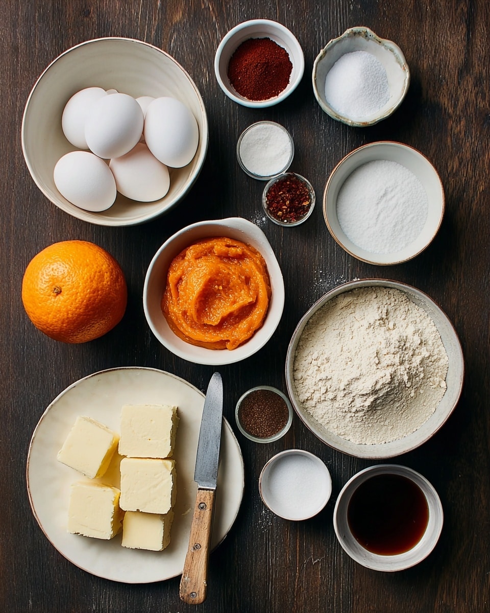 A dark wooden surface holds several small white bowls and plates arranged neatly. In the top left, a white bowl contains three white eggs. Next to it are two small bowls, one with white powder and the other with reddish-brown spice. Below these, a white bowl is filled with a bright orange puree. To the right, a larger white bowl holds white granulated sugar, and next to it, a whole orange rests on the surface. Near the bottom left, a white plate has six pale yellow butter square pieces with a small knife resting on top, the knife featuring a light wood handle. To the right, a white bowl is filled with light brown flour. At the bottom, there are three small bowls: one with white salt, one with dark brown powder, and one with dark amber liquid. The entire scene is on a dark wooden table replaced with a white marbled texture for prompt use. photo taken with an iphone --ar 4:5 --v 7