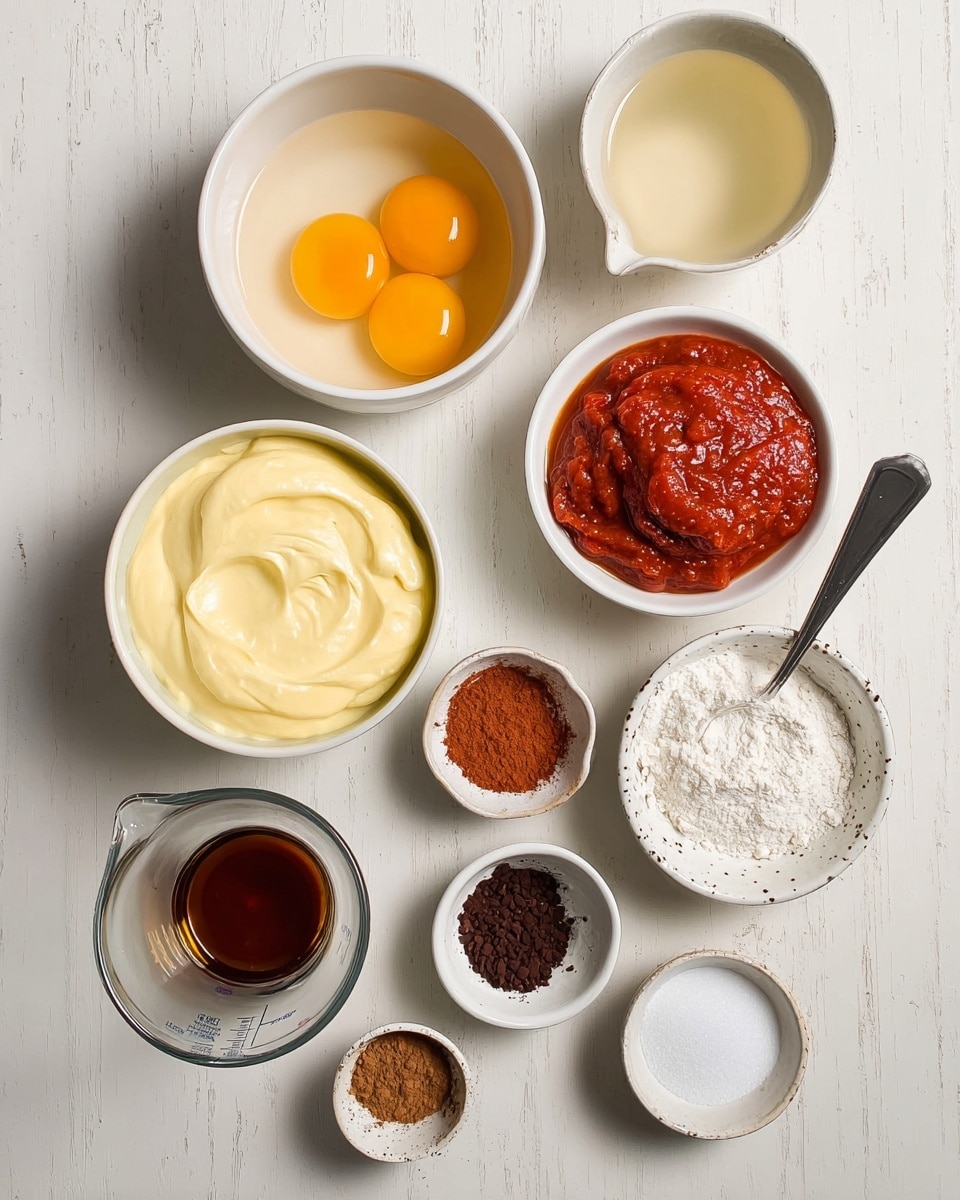 A top view of various ingredients arranged on a white marbled surface, featuring a small white bowl with three raw eggs showing bright yellow yolks in the center, a larger white bowl with a thick light yellow cream above it, and another white bowl with chunky red tomato paste with a silver spoon inside on the right. To the bottom left is a clear glass measuring cup filled with beige liquid, next to a small white dish holding dark brown, light brown, and reddish powders. Below this is a small white bowl with dark amber vanilla extract. On the right side near the bottom are two tiny white speckled bowls, one with white salt and the other with dark brown cocoa powder. A white bowl full of white granulated sugar sits toward the right center. All items are neatly spaced apart. photo taken with an iphone --ar 4:5 --v 7