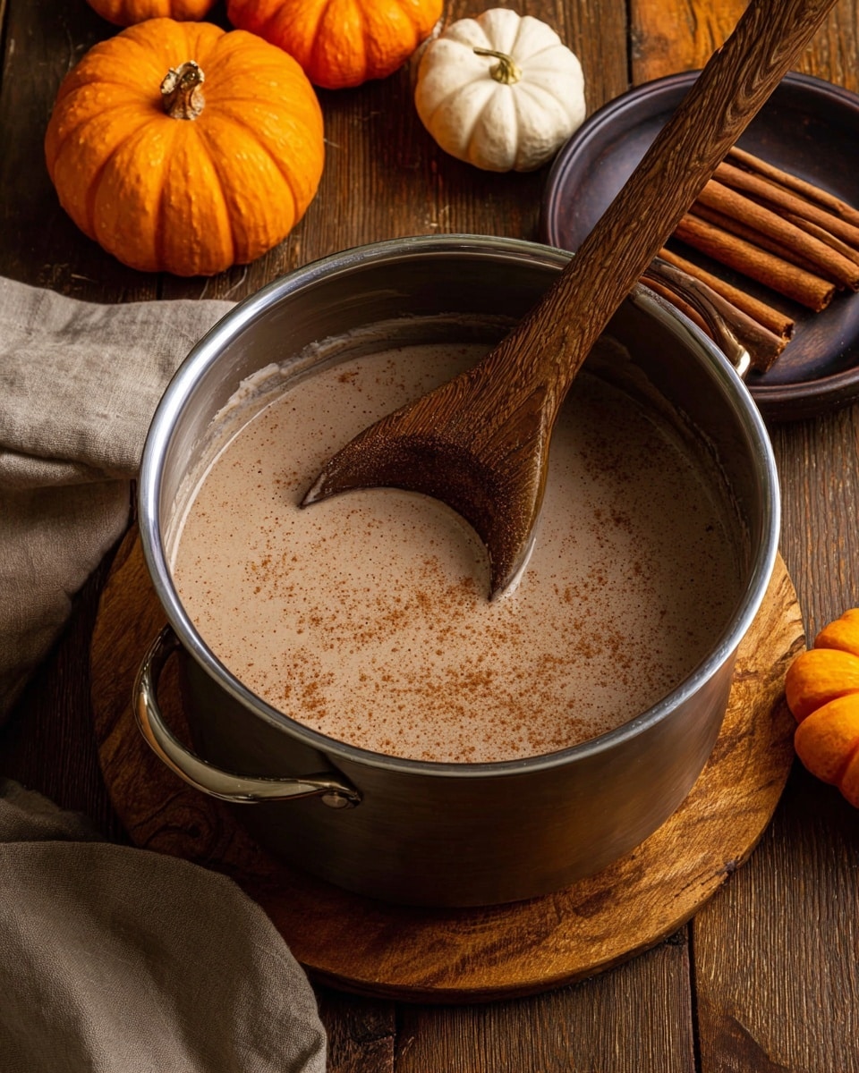 A shiny silver pot sits on a round wooden board, filled with a light brown creamy liquid sprinkled lightly with cinnamon powder on top. Inside the pot is a wooden spoon with a large, round scoop and a thick handle resting diagonally across the mixture. Around the pot on a wooden table surface are small orange and white pumpkins and a dark round dish holding cinnamon sticks. The overall setting feels warm and cozy with autumn tones. photo taken with an iphone --ar 4:5 --v 7