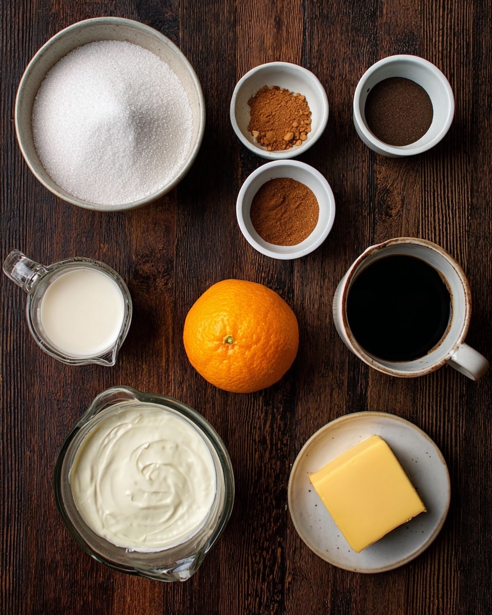 The image shows a collection of ingredients neatly arranged on a dark wooden surface, with a bright whole orange at the center. Around it are small white ceramic bowls holding various brown spices, and a small bowl with a creamy white liquid. To the left, a larger white bowl is filled with granulated sugar, and nearby a glass measuring cup contains a thick white cream. At the bottom right, a small white plate holds a solid yellow cube of butter. In the middle, there's a white cup filled with a dark liquid, possibly coffee or syrup. The bowls and cups are spaced evenly, showing the contrasting colors and smooth, powdery, and creamy textures. Photo taken with an iphone --ar 4:5 --v 7