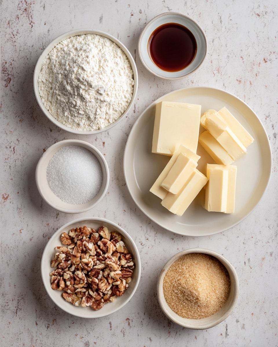 The image shows six small white dishes arranged on a white marbled surface. The top left dish is filled with white flour, and below it is a white plate holding blocks of pale yellow butter cut into rectangular pieces. To the right of the flour is a tiny white bowl with a dark brown liquid, while above it is a small bowl containing white granulated salt. Below the salt bowl, there is a slightly larger white bowl filled with light brown sugar, and to the left of it, a white bowl holds chopped nuts that are light and dark brown. The dishes are neatly spread out and well-lit, with a simple, clean look. photo taken with an iphone --ar 4:5 --v 7