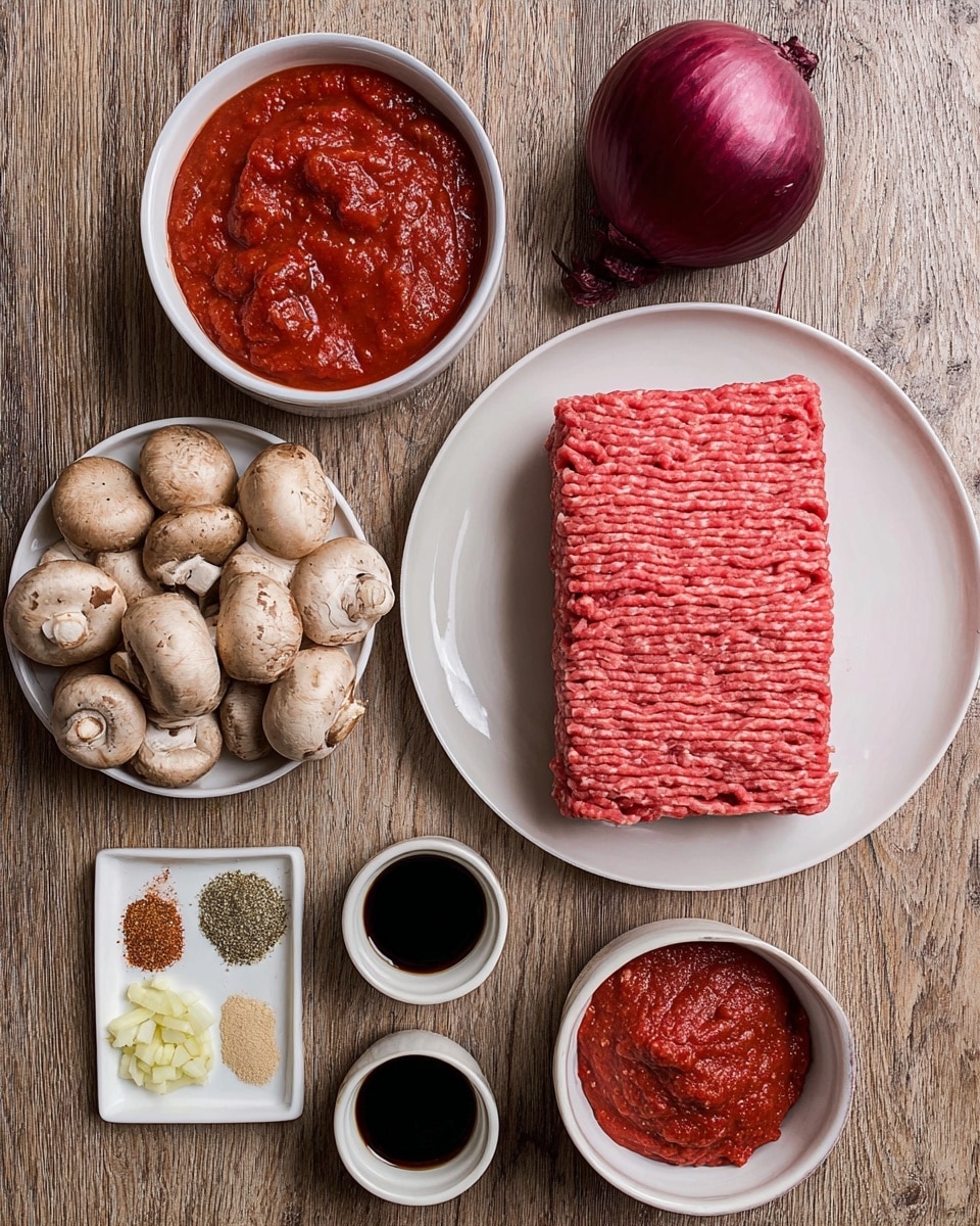 The image shows a flat white plate with a rectangular block of bright pink ground meat with visible texture lines, placed on the right side. To the left of the plate is a white bowl filled with a thick, chunky tomato sauce that is vivid red. Below the bowl is a white plate holding a pile of light brown mushrooms with smooth, slightly shiny caps. Near the bottom right corner is a small white bowl filled with a deep red tomato paste with a smooth texture. Next to that is a tiny speckled white bowl containing finely chopped pale yellow garlic. Near the center left, there is a white dish with three types of spices arranged in small piles: light brown, greenish, and red flakes. Two small cups hold dark liquids—one appears to be soy sauce and the other possibly balsamic vinegar. Lastly, a large purple-red onion with a smooth skin sits at the top right corner. All these items rest on a wood-textured surface, replaced with a white marbled texture. photo taken with an iphone --ar 4:5 --v 7