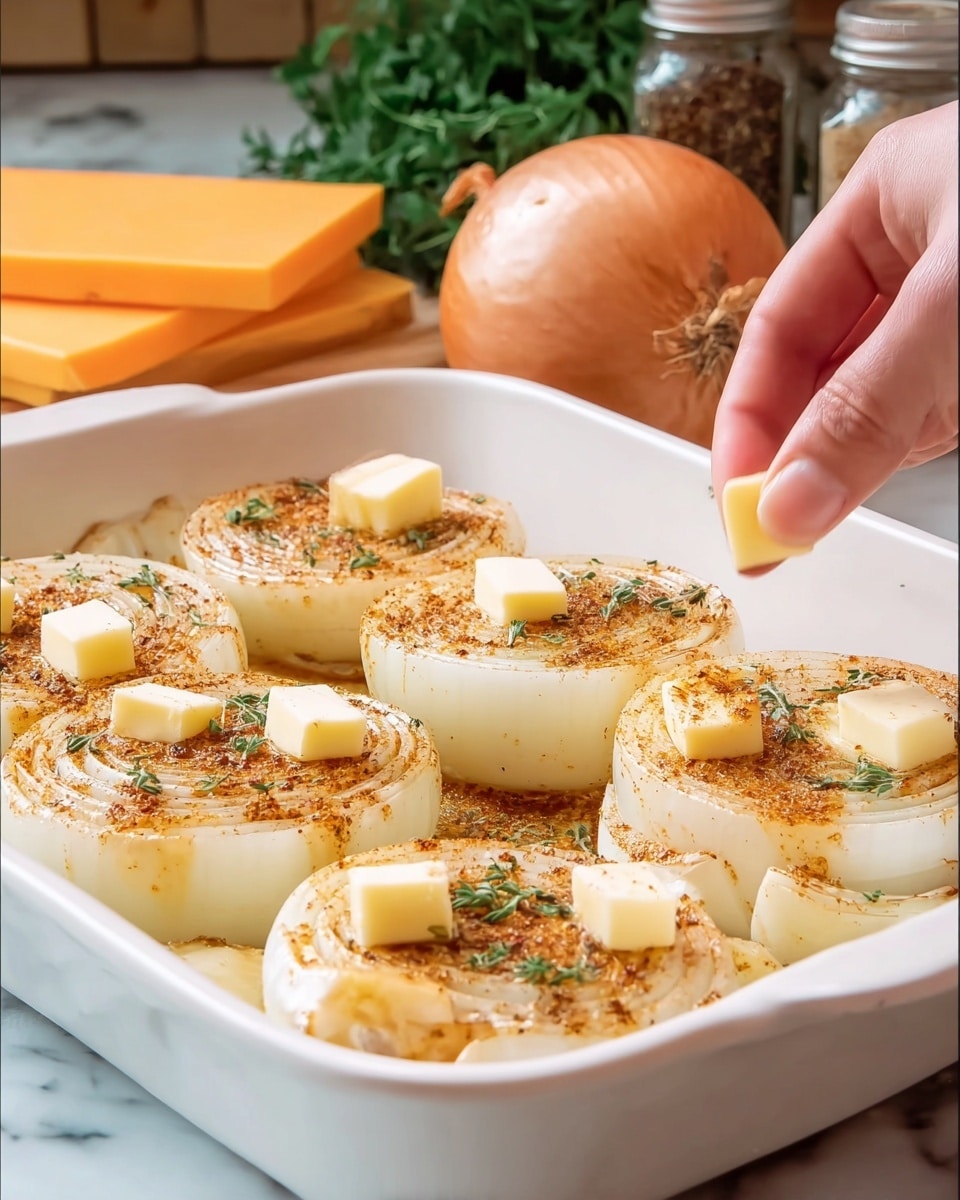 The image shows a white baking dish filled with six thick, round onion slices arranged in two rows. Each onion slice is seasoned with brown spices and green herbs sprinkled on top, creating a textured look. Small cubes of light yellow butter are placed on each onion slice, and a woman's hand is seen adding one more cube. The dish sits on a white marbled surface with a blurred background that includes a whole onion, two blocks of orange cheese, a jar with pepper, and some green leafy herbs. Photo taken with an iphone --ar 4:5 --v 7