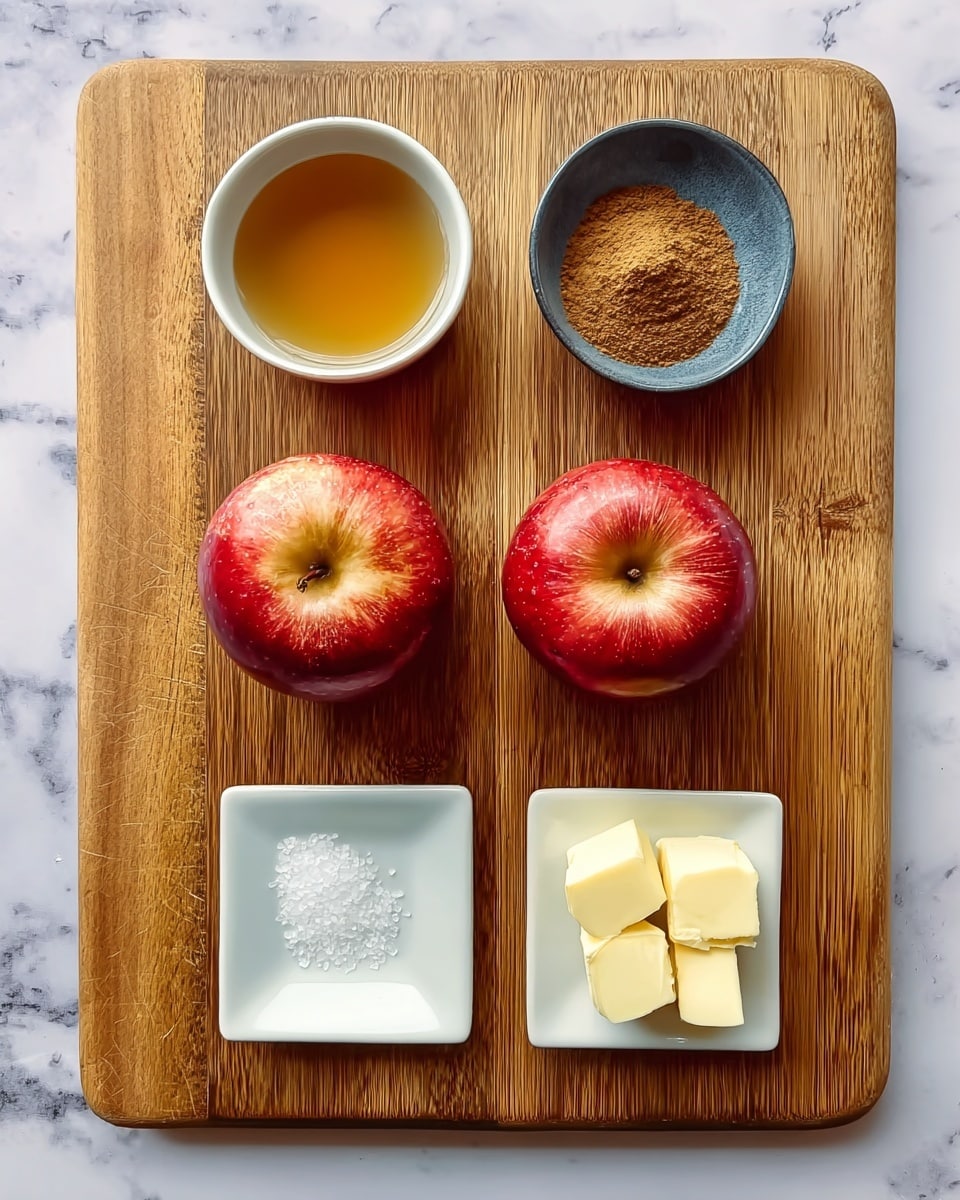 The image shows a wooden board with five small dishes arranged neatly on it. At the top left is a small white bowl filled with a golden-brown liquid, and to its right is another white bowl holding a heap of brown powder. Below these, two red apples with shiny, smooth skin are placed side by side in the middle of the board. At the bottom left is a white square dish with a small amount of white granulated salt, and to its right is another white square dish containing two small pieces of pale yellow butter. The wooden board sits on a white marbled surface. Photo taken with an iphone --ar 4:5 --v 7