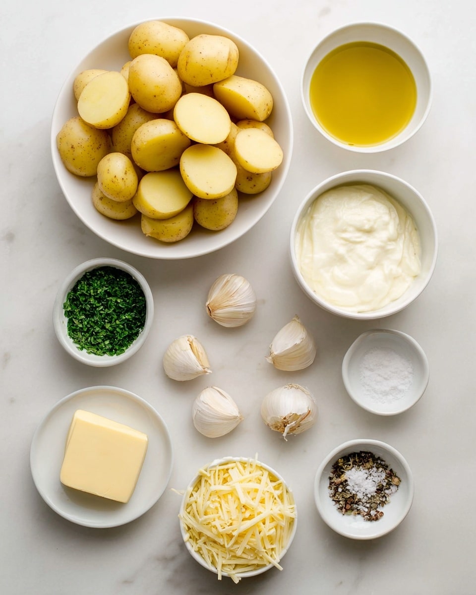 The image shows a flat lay of ingredients on a white marbled surface, arranged neatly in white bowls and loose. At the top left, there is a white bowl filled with halved small yellow potatoes with smooth skin. To the right, there is a small white bowl with golden olive oil, and below it, a rectangular piece of pale yellow butter. Below the butter, there is a white bowl filled with thick, white cream. Five whole garlic cloves with light brown skin are scattered near the center. To the bottom left, a small white bowl contains finely chopped green herbs. Next to it, a white bowl holds shredded pale yellow cheese. At the bottom, two small white bowls contain coarse white salt and cracked black pepper. The arrangement is clean and organized. Photo taken with an iphone --ar 4:5 --v 7
