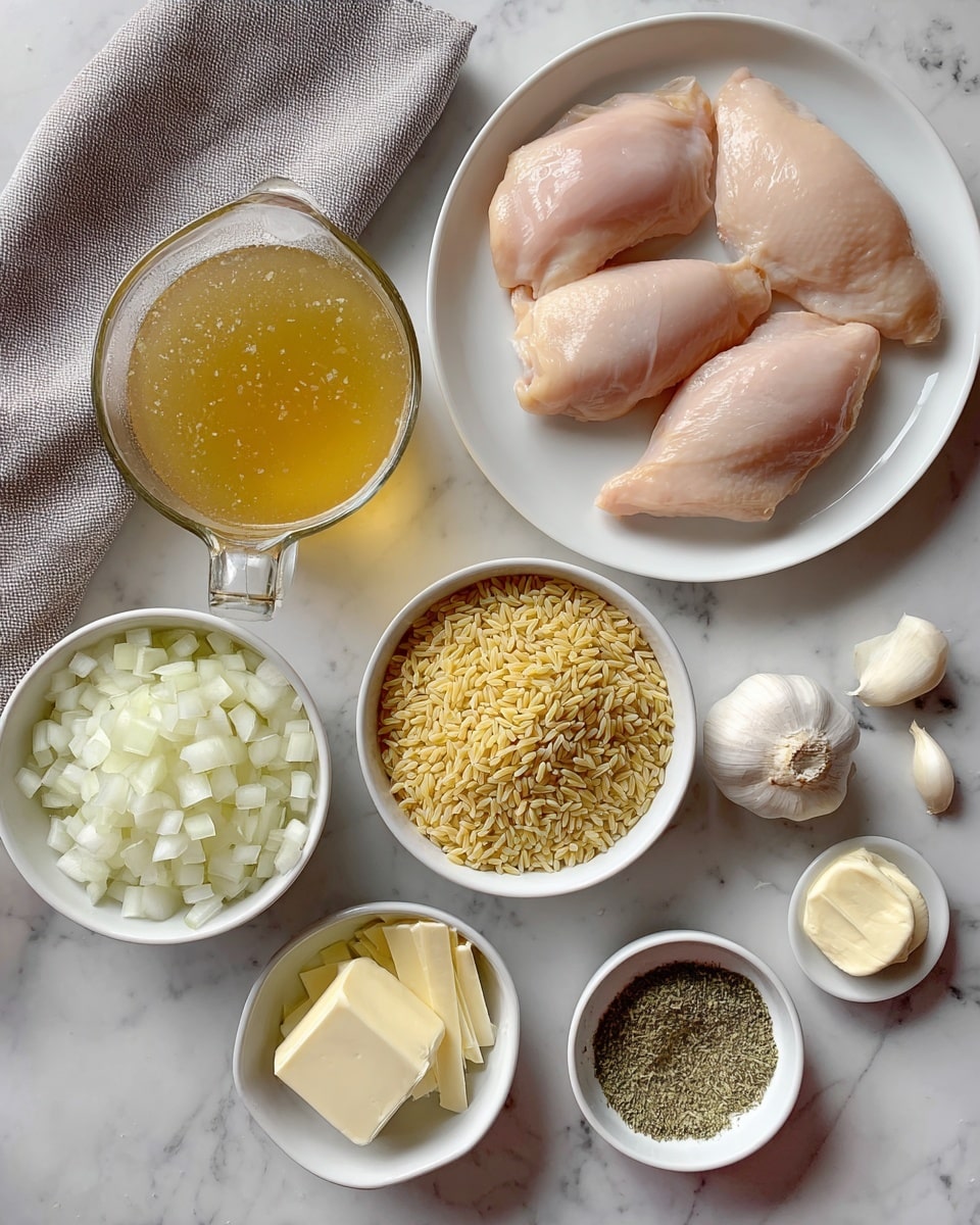 The image shows raw ingredients for cooking arranged on a white marbled surface. There are four pieces of raw chicken, pale pink and smooth, placed on a white plate at the top right. Below them is a small white bowl filled with chopped white onions, each piece square and shiny. Next to the onions is a white bowl full of small, yellow orzo pasta grains. Above the orzo is a clear glass measuring cup filled with golden chicken broth. To the left of the orzo is a small white bowl with thin slices of pale yellow cheese. Below the broth is a small dish filled with dried green herbs, and nearby three whole garlic cloves are scattered. A small bowl with two dollops of cream-colored butter is placed near the chicken. A gray cloth napkin lies to the left side of the setup. All items sit neatly spaced on the white marbled background photo taken with an iphone --ar 4:5 --v 7
