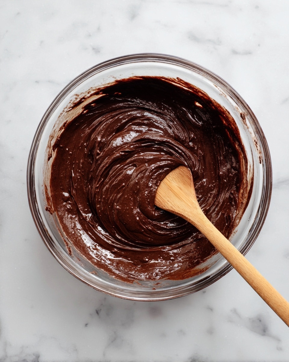 A clear glass bowl filled with smooth, rich dark brown chocolate batter showing thick, shiny texture with swirls made by a wooden spoon resting inside, the spoon's handle extends out of the bowl toward the bottom right, all set on a white marbled surface photo taken with an iphone --ar 4:5 --v 7
