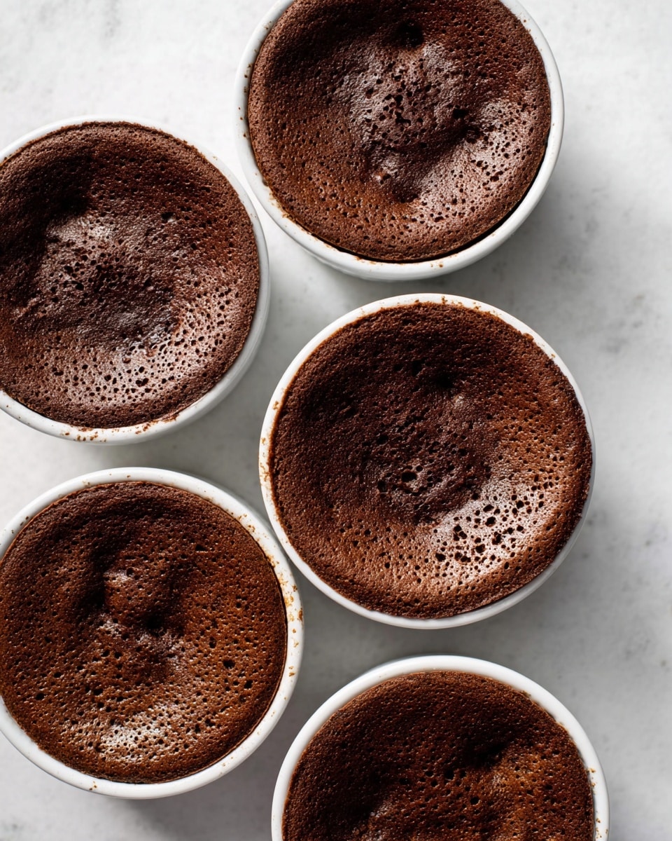 Five small round white ceramic ramekins each hold a single dark brown chocolate cake with a slightly cracked top and soft, moist texture visible. The cakes fill the ramekins almost to the edge, showing slight swirls and bubbles on their surface. The ramekins are placed flat on a white marbled texture surface, arranged in a loose cluster with some overlap. The scene is evenly lit, emphasizing the rich chocolate color and texture of the cakes. photo taken with an iphone --ar 4:5 --v 7