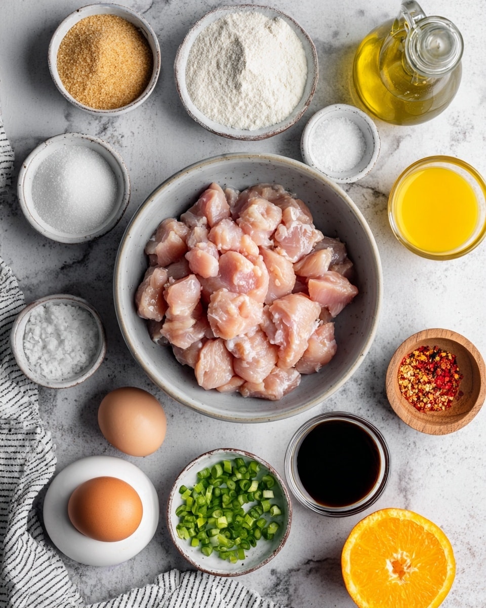 The image shows a gray bowl in the center filled with raw, pink chicken chunks. Around the bowl are small white bowls holding light brown sugar and white powdery flour. There are also tiny clear bowls with white salt and black pepper. A small glass bottle of golden olive oil and a small glass of bright orange juice sit on the top right and bottom right. Near the center right are small wooden bowls with green chopped green onions, pale white sesame seeds, and red crushed chili flakes. Half an orange with bright orange flesh lies near the top right. At the bottom left, two brown eggs rest in a white ceramic egg holder, next to a small glass of clear liquid and a small glass of dark soy sauce. The whole layout is set on a white marbled surface with a striped cloth on the bottom left edge. Photo taken with an iphone --ar 4:5 --v 7