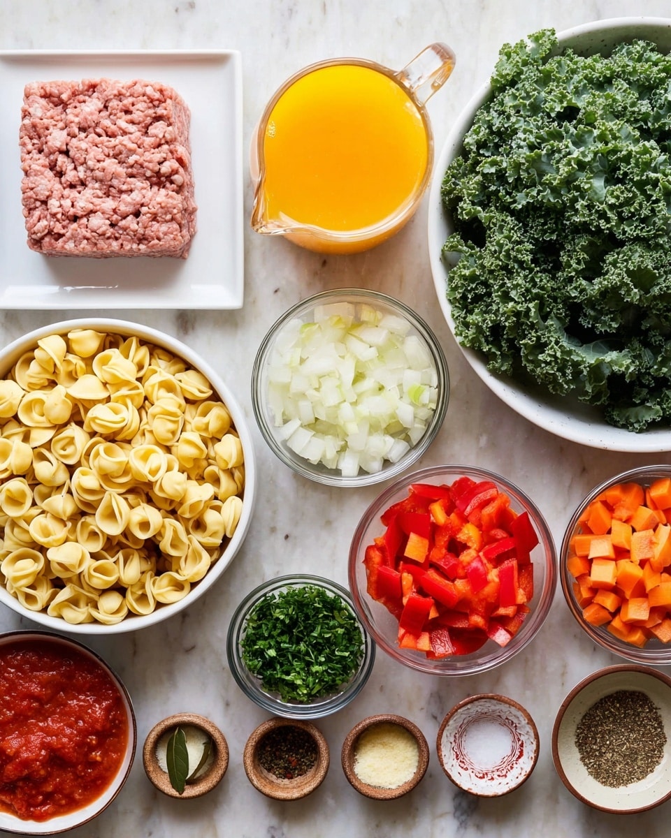 The image shows many raw ingredients arranged on a white marbled surface. There is a square portion of light pink ground meat placed on a white plate on the top left. Below it, there is a white bowl filled with small yellow tortellini pasta. To the right of the pasta, a white bowl holds medium-sized chopped white onions. Next to it is a white bowl filled with chopped red bell peppers, and beside that, a small clear glass bowl contains diced orange carrots. Above the vegetables, on the right, there is a large white bowl full of fresh green curly kale leaves. To the left of the kale, a glass jug has bright yellow-orange broth. Above the broth, a small white bowl contains chopped green herbs. In the center of the image, a white bowl holds red crushed tomatoes. Surrounding the central items are small brown bowls filled with salt, black pepper, dried herbs, red pepper flakes, and a small white dish with a bay leaf. A small brown bowl and a small patterned bowl contain minced garlic and light beige grated cheese. photo taken with an iphone --ar 4:5 --v 7