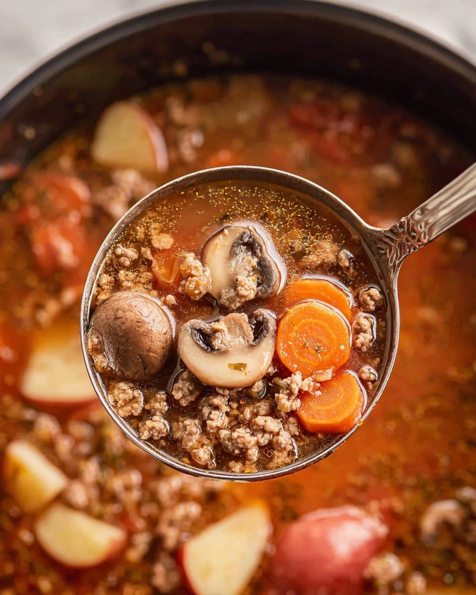 A close-up view of a ladle full of thick soup shows several distinct layers: the top layer has whole brown mushrooms with a smooth texture, soft orange carrot slices with a slightly rough surface, and bits of light brown ground meat scattered around. Below them is a rich brown-orange broth that looks a bit oily with small minced ingredients floating inside. In the background, the pot is filled with the same soup, revealing more mushrooms, carrots, and pieces of potatoes with a red skin and white interior visible just under the broth, all set against a white marbled texture. photo taken with an iphone --ar 4:5 --v 7