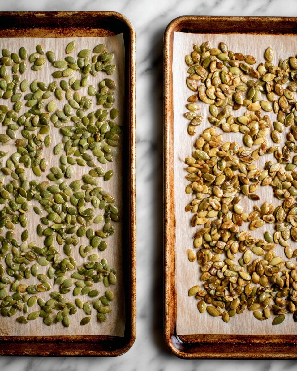 The image shows two baking sheets side by side on a white marbled surface, each lined with beige parchment paper holding pumpkin seeds. On the left sheet, the seeds are green and shiny, lightly coated in oil, scattered evenly with some space between them. The right sheet shows seeds that are roasted to a mix of golden brown and light green, with a glossy, slightly oily surface, more clustered together than on the left. Both sheets have visible metal tray edges with a slightly rusty texture. photo taken with an iphone --ar 4:5 --v 7
