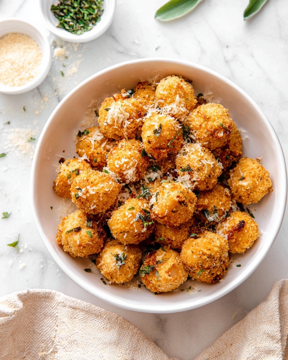 A white bowl filled with about 25 small, golden-brown fried balls, each with a rough crispy texture and irregular shape. The balls are sprinkled with small green herb leaves and light white grated cheese. Around the bowl on the white marbled surface are two small white bowls, one holding green herbs and the other a light beige powder. The edge of a beige cloth is visible at the bottom. Photo taken with an iphone --ar 4:5 --v 7