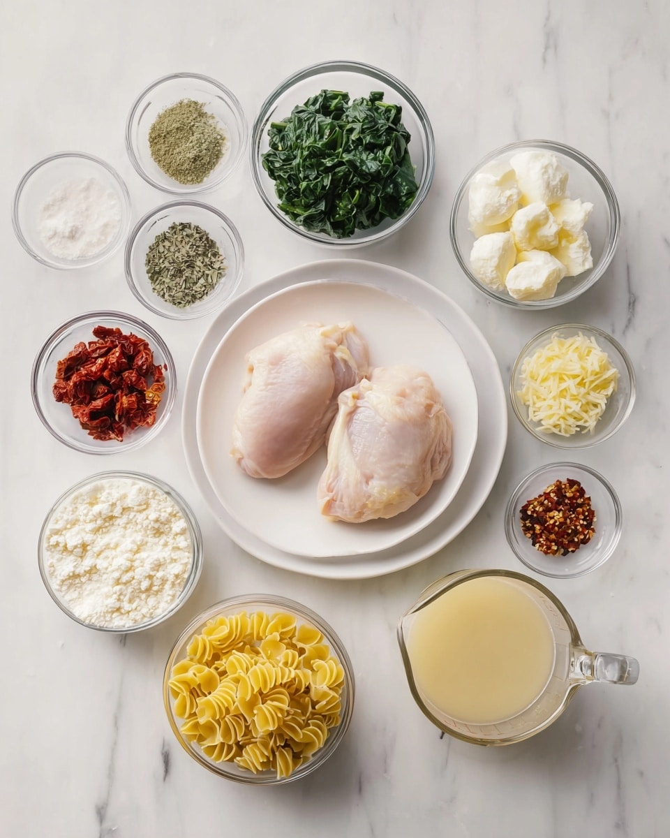 The image shows raw ingredients arranged neatly on a white marbled surface. In the center, there is a white plate holding two raw, pale pink chicken pieces. Surrounding it are small clear bowls with bright green chopped spinach, creamy white butter balls, yellow ruffled pasta, finely chopped white onions, and minced garlic. There are also bowls with dried green herbs, red chili flakes, white salt and black pepper mix, vibrant sun-dried tomato pieces, and a white powder that looks like flour. Additionally, a clear glass measuring cup contains light golden broth, and another cup holds creamy white milk. The setup is clean and organized, with each ingredient clearly visible. photo taken with an iphone --ar 4:5 --v 7