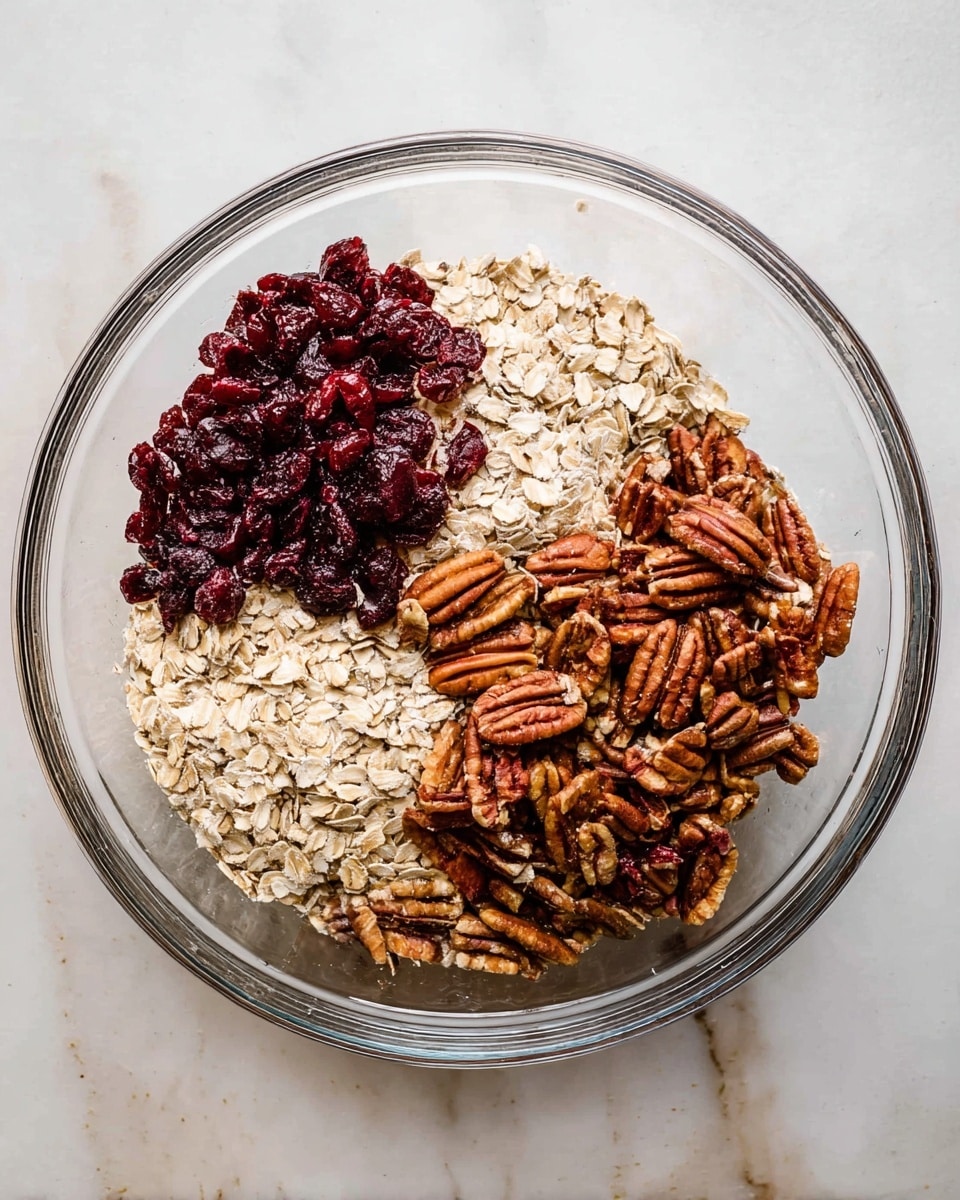 A clear glass bowl sits on a white marbled surface, filled with three layers arranged side by side: a layer of light beige rolled oats on the bottom left, a layer of dark red dried cranberries on the top left, and a layer of medium brown pecan halves on the right side, all dry and raw. The textures vary from the flaky oats to the rough, wrinkled cranberries and the smooth, curved pecans. The bowl is round with thick edges, and the shot is taken from above, showing all layers clearly. Photo taken with an iphone --ar 4:5 --v 7