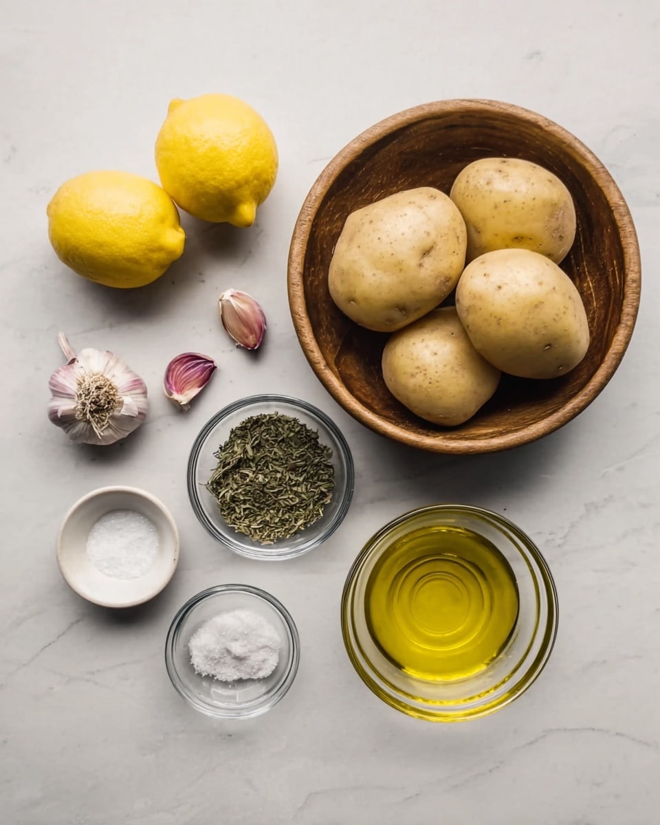 The image shows a wooden bowl on the right side filled with five round, light brown potatoes with a smooth texture. To the left of the bowl, there are two bright yellow lemons placed on a white marbled surface. Above the lemons, there are three cloves of garlic with purple and white skin. Next to the garlic, a small clear glass bowl contains dried green herbs. Below the garlic and herbs, two small white bowls hold salt and pepper. Below the bowls with salt and pepper, there is a larger clear glass bowl filled with golden olive oil. To the right of the olive oil bowl is an empty clear glass bowl. All items are neatly arranged and photographed on a white marbled background with soft natural lighting. Photo taken with an iphone --ar 4:5 --v 7