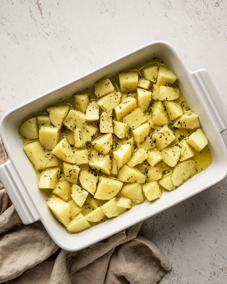 A white rectangular baking dish filled with one layer of light yellow potato pieces cut into small chunks. The potatoes are spread out evenly, covered with a light coating of olive oil and sprinkled with small dark green herb flakes. The dish is placed on a white marbled surface with a beige cloth partially visible at the bottom. Photo taken with an iphone --ar 4:5 --v 7