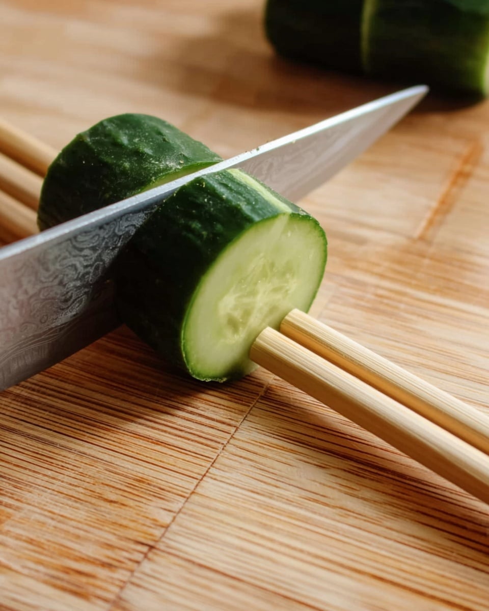 A close-up of a sharp knife slicing a small, dark green cucumber into a round slice on a light wooden cutting board with visible grain patterns. Two light wooden chopsticks lay parallel under the cucumber, stabilizing it while the knife cuts. The scene shows the texture of the knife blade and the crispness of the cucumber slice, with natural lighting highlighting the colors and surfaces. The background is blurred, focusing attention on the cutting action. Photo taken with an iphone --ar 4:5 --v 7