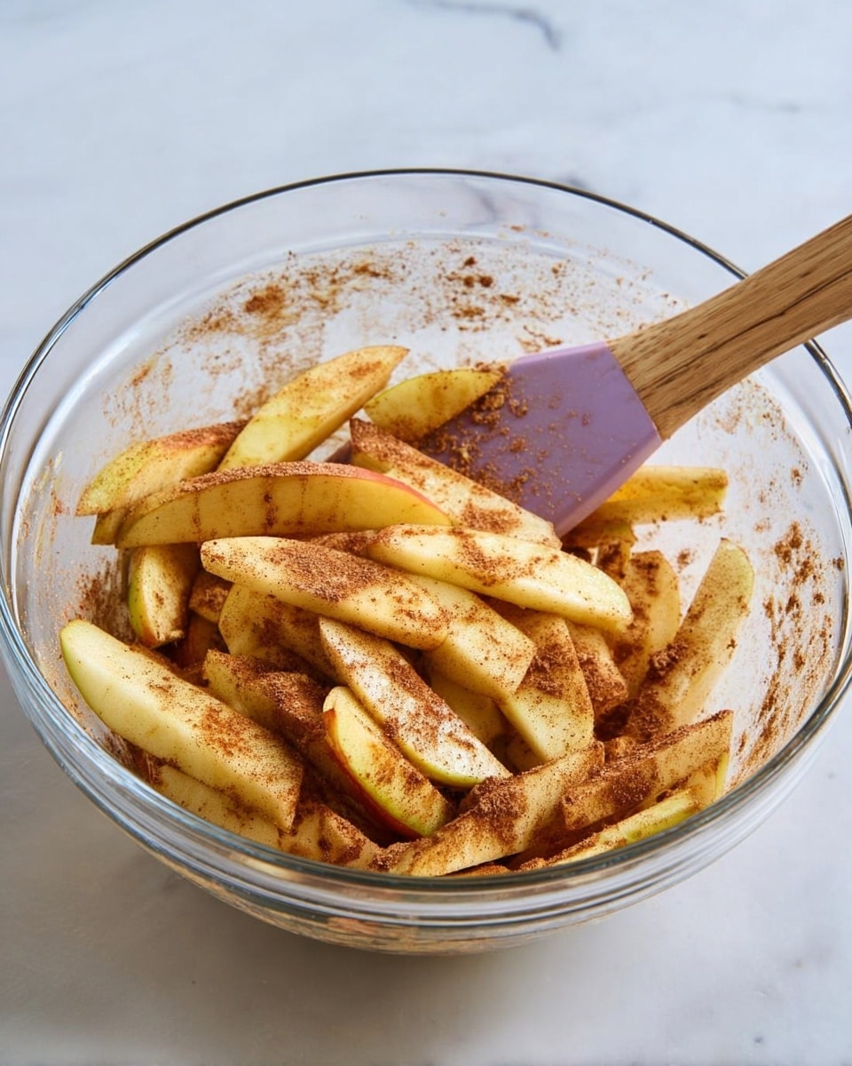 A clear glass bowl filled with thin slices of light yellow apple coated evenly in a brown cinnamon spice mix. The apple slices are piled in loose layers showing the spice clinging to their surfaces, with a wooden spatula that has a purple silicone head resting inside the bowl. The bowl sits on a white marbled surface, visible around it in soft lighting. photo taken with an iphone --ar 4:5 --v 7