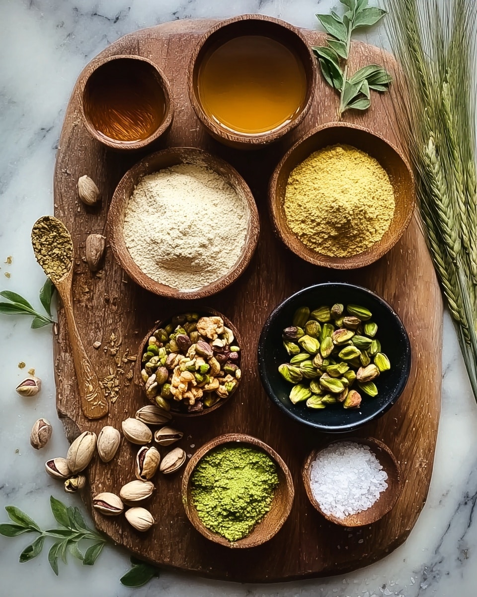 A large wooden board holds eight containers and piles of ingredients, all arranged neatly. On the top left, a small wooden bowl holds a golden brown liquid, next to a slightly larger wooden bowl filled with a pale yellow powder. Below, another wooden bowl contains a more vibrant yellow powder. To the right, a black bowl is filled with whole green pistachios, with two smaller wooden bowls nearby also holding pistachios, one with whole nuts and another with chopped ones. A wooden spoon at the bottom right holds finely crushed pistachios. Near the bottom left of the board is a small pile of mixed chopped nuts. To the right, a small wooden bowl contains white coarse salt. Fresh green herbs lie beside the board on the white marbled surface, which is visible around the board. There are some green grain stalks placed near the top right of the board. photo taken with an iphone --ar 4:5 --v 7