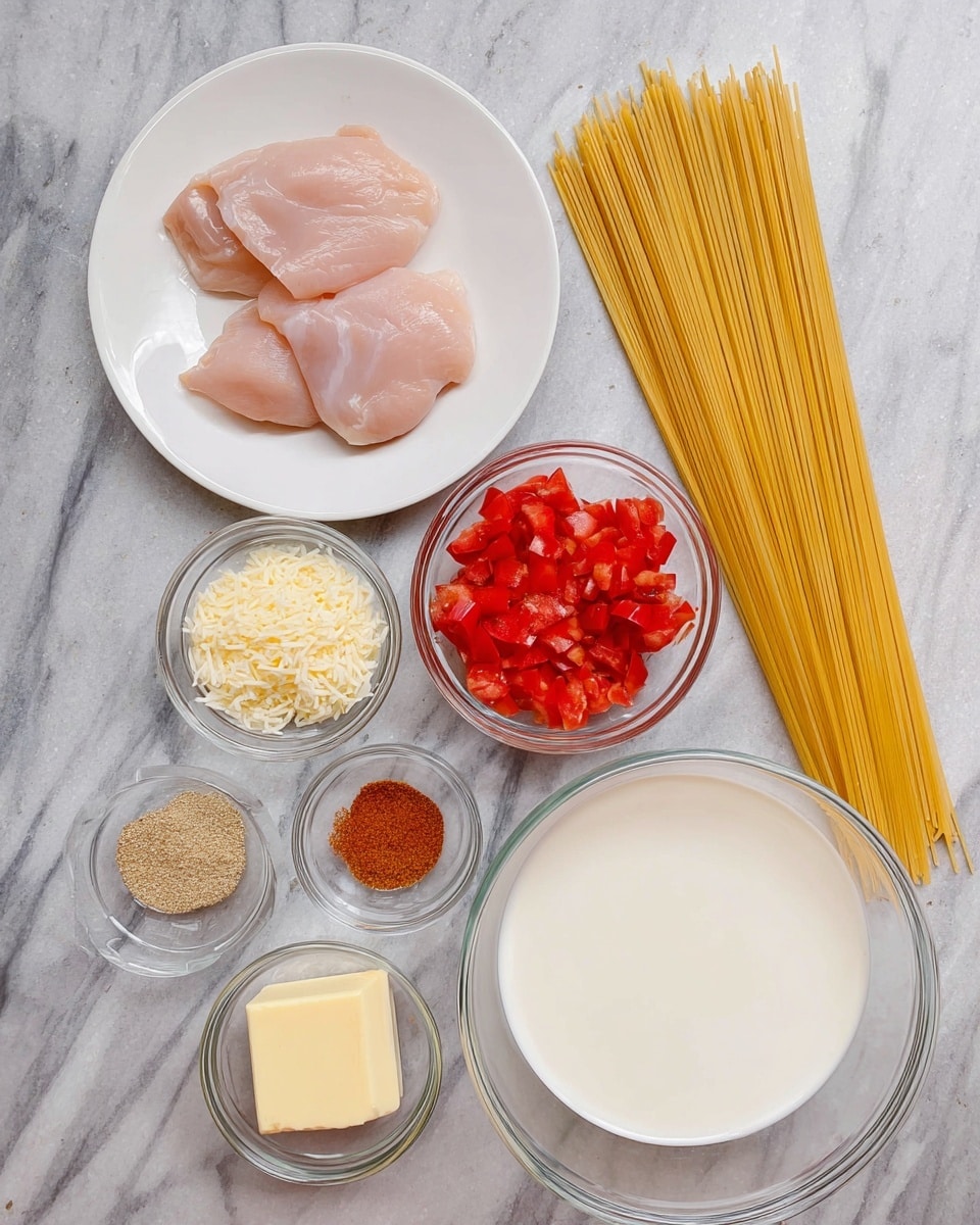 The image shows the ingredients for a pasta dish laid out on a white marbled surface. In the top left corner, there is a white plate with two pale pink pieces of raw chicken arranged flat. Below it, another white plate holds a bunch of uncooked yellow spaghetti strands spread out horizontally. To the right, a large clear glass bowl holds a smooth white liquid, likely cream. Above that, two small clear bowls sit side by side; one contains diced red tomatoes while the other holds a light yellow powder, probably grated cheese. Below them are three more small clear bowls: one with finely minced pale yellow garlic, one with a small square of light yellow butter, and one filled with a reddish-brown seasoning powder. The items are neatly organized with no overlapping. Photo taken with an iphone --ar 4:5 --v 7