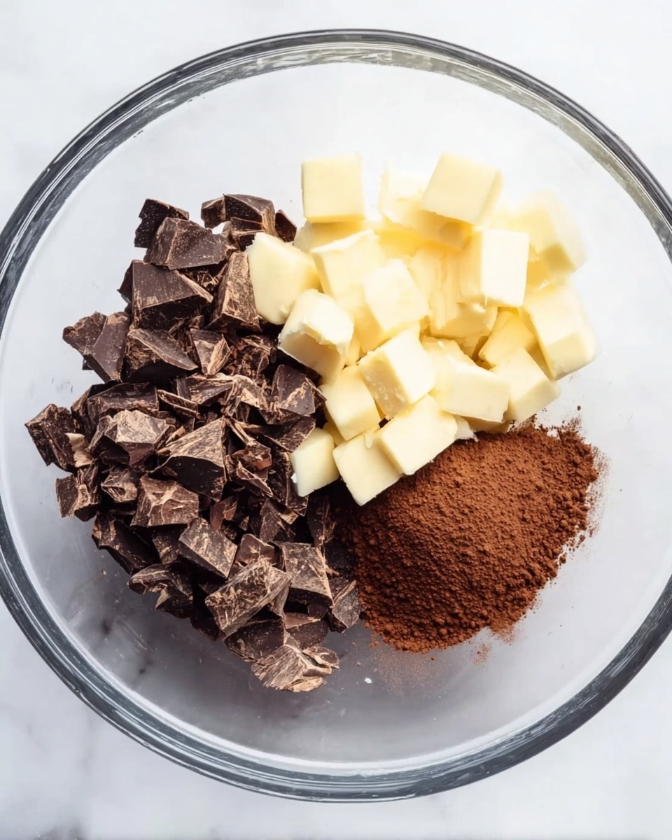 A clear glass bowl sits on a white marbled surface, holding three main ingredients separately layered inside. One section contains small, uneven chunks of dark brown chocolate, rough and textured. Another section has small cubes of pale yellow butter, smooth and solid. Between these two is a small pile of fine, dark brown cocoa powder, soft and powdery in texture. The ingredients fill the bowl without mixing, showing distinct colors and textures. photo taken with an iphone --ar 4:5 --v 7