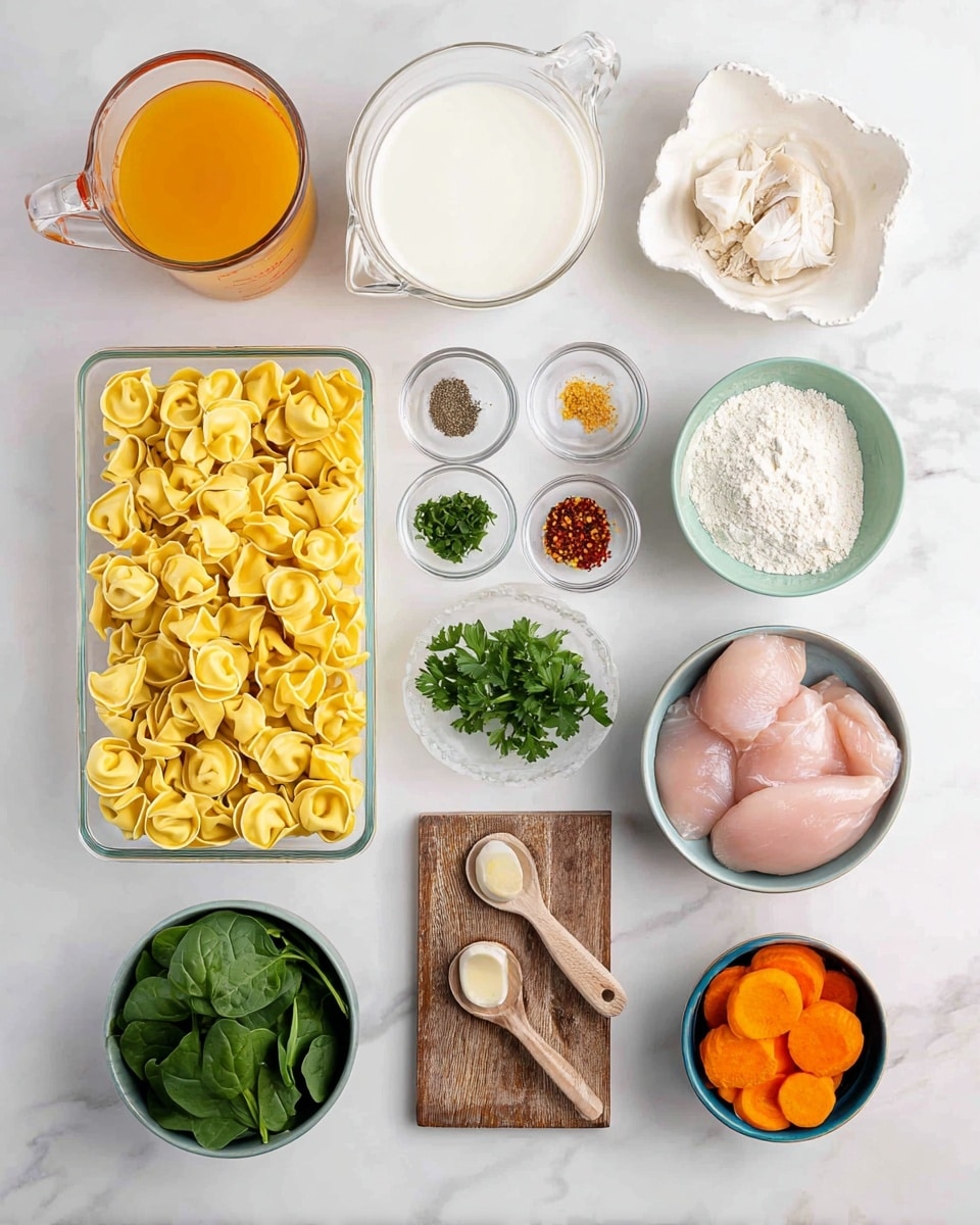 The image shows various ingredients for cooking, laid out neatly on a white marbled surface. There is a clear glass measuring cup filled with orange-colored broth near the top center and another clear measuring cup with white milk to its right. Below and slightly left of the broth is a rectangular container full of uncooked yellow tortellini pasta, with curled shapes and smooth texture. Around the pasta, from top to bottom, there are small clear bowls containing black pepper, white vinegar, chopped fresh green parsley, and red pepper flakes. On the right side above the pasta, a small white scalloped bowl holds white flour, while a light green bowl contains two smooth pale pink raw chicken breasts. Below these, a small wooden tray holds salt and ground black pepper with tiny wooden spoons. On the left side below the pasta, a small white dish holds chopped pale yellow garlic, a round bowl contains fresh dark green spinach leaves, a small blue bowl has grated light yellow Parmesan cheese, and finally, an orange bowl holds sliced orange carrots. Photo taken with an iphone --ar 4:5 --v 7