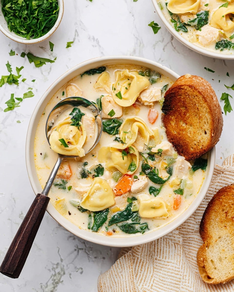 A white bowl filled with creamy soup that has three main layers: a light cream-colored thick liquid base, chunks of orange carrot and white chicken pieces, and dark green spinach leaves mixed throughout. On top, there are pale yellow tortellini pasta pieces scattered evenly, reaching the soup’s surface. A toasted slice of golden brown bread rests on the right edge of the bowl, partially dipped in the soup. A spoon with a dark wooden handle is placed inside the bowl on the left side, holding some soup with a tortellini piece and a bit of green garnish. The bowl sits on a white marbled surface with small green herb leaves scattered around, and a white bowl with chopped green herbs is placed above on the left. A beige and white striped napkin lies near the lower right corner. photo taken with an iphone --ar 4:5 --v 7