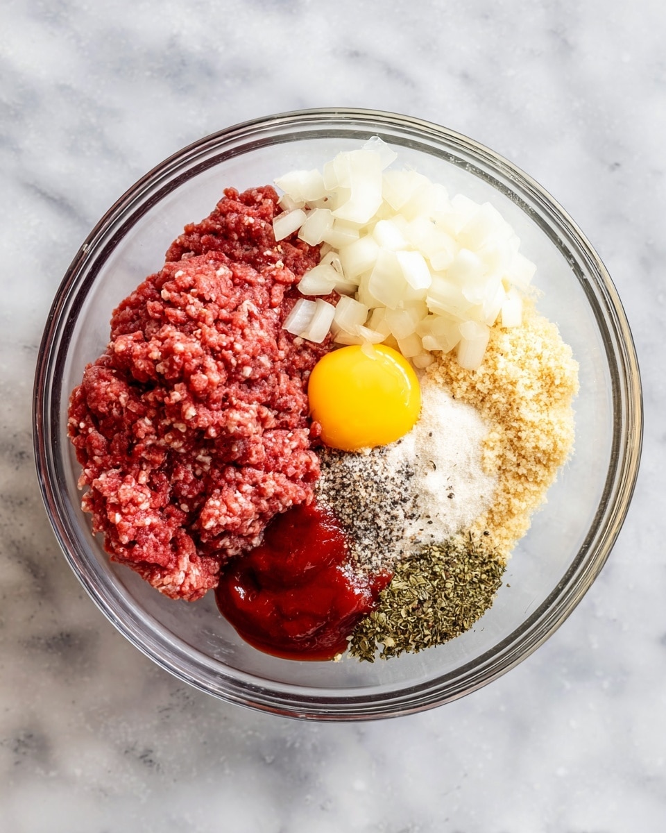 A clear glass bowl sits on a white marbled surface, filled with separated ingredients arranged in neat sections. There is raw ground meat in a deep red color taking up almost half the bowl on the left side, with a bright yellow egg yolk resting on top near the edge. To the right, finely chopped white onions are grouped together, while next to them light tan breadcrumbs form a small mound. Above the onions and breadcrumbs are small piles of salt and black pepper, creating a contrast with their white and dark speckled textures. Near the center bottom, there is a dollop of deep red ketchup and a small heap of green dried herbs, all waiting to be mixed. photo taken with an iphone --ar 4:5 --v 7