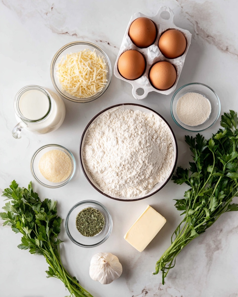 A white bowl filled with white flour is in the center on a white marbled surface, surrounded by several small glass bowls containing light yellow grated cheese, a light green dried herb mix, white salt, beige yeast, and white baking powder. Nearby, there are three brown eggs resting in a white egg holder, a small glass jar with white milk, a partially unwrapped stick of pale yellow butter, a whole white garlic bulb, and a bunch of fresh green parsley on the right side. The scene is bright and clean, showing all ingredients separately. photo taken with an iphone --ar 4:5 --v 7