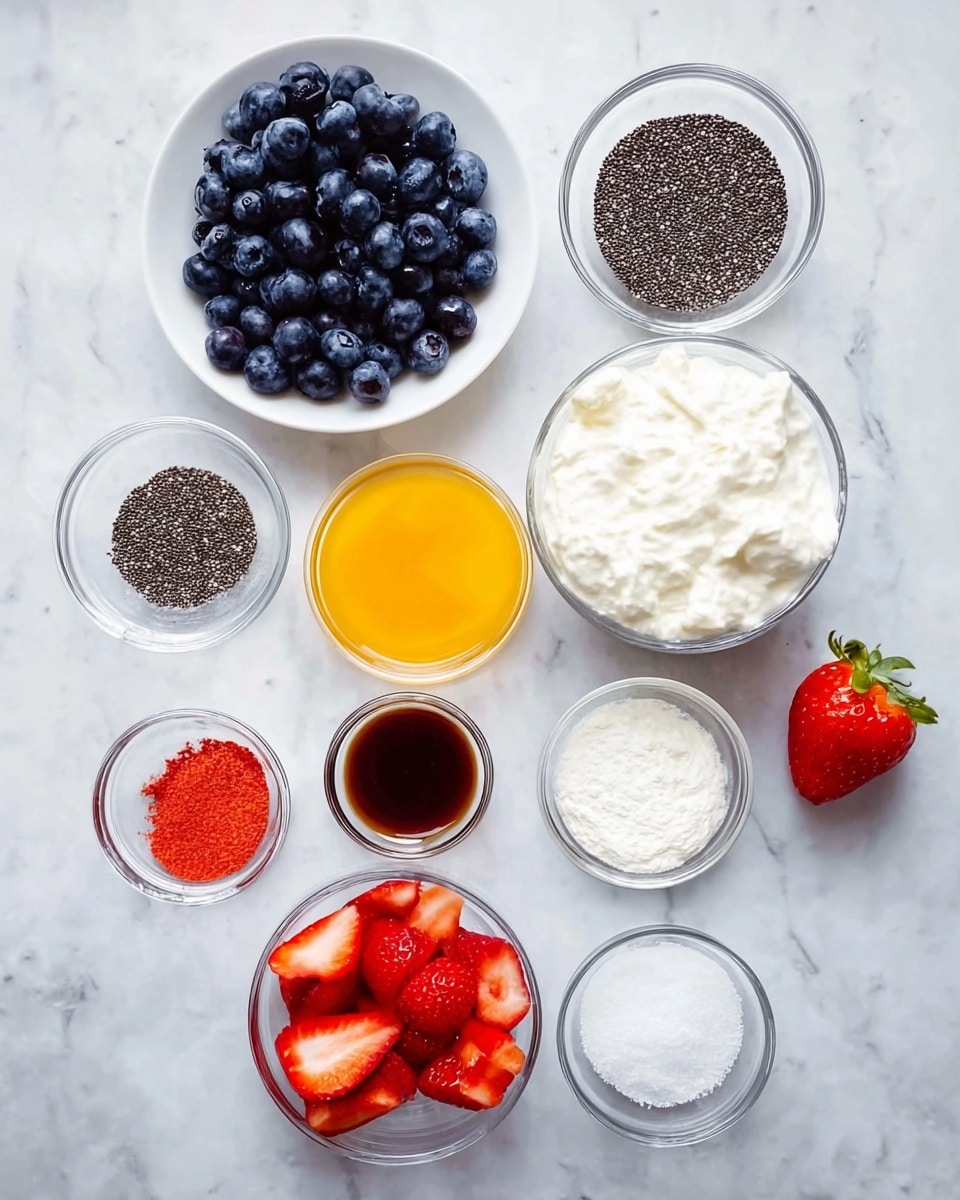 The image shows a collection of clear glass bowls and one white plate arranged neatly on a white marbled surface. At the top left is a white plate filled with dark blue blueberries. To the right, there is a clear bowl with small dark chia seeds. Below these are two smaller clear bowls, one with dark gray poppy seeds and the other with a reddish powder. Further down, there is a larger clear bowl of white creamy cottage cheese, next to it a clear bowl filled with bright yellow liquid, likely honey or syrup. Below, there is a tiny clear bowl with white granulated sugar, beside it a small bowl with dark brown vanilla extract. To the right is a clear bowl filled with white sugar, with a halved strawberry resting next to it. At the bottom left, a smaller bowl contains sliced red strawberries, and next to it is a clear bowl with white creamy yogurt. A whole strawberry and a halved strawberry rest near the bowls, adding a fresh touch. The overall composition is clean and bright, with contrasting colors of red, blue, white, yellow, and dark seeds. Photo taken with an iphone --ar 4:5 --v 7